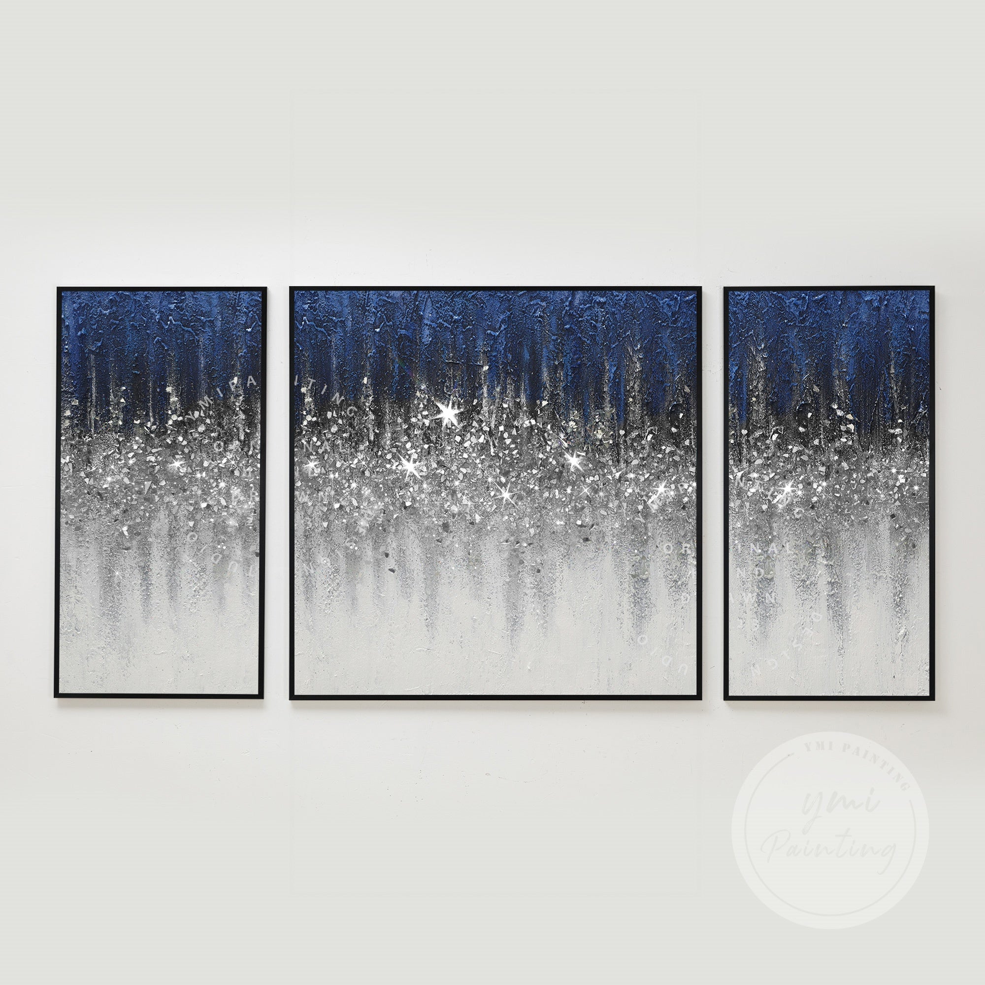 Set of 3 Blue Crushed Glass Art #YMA0331