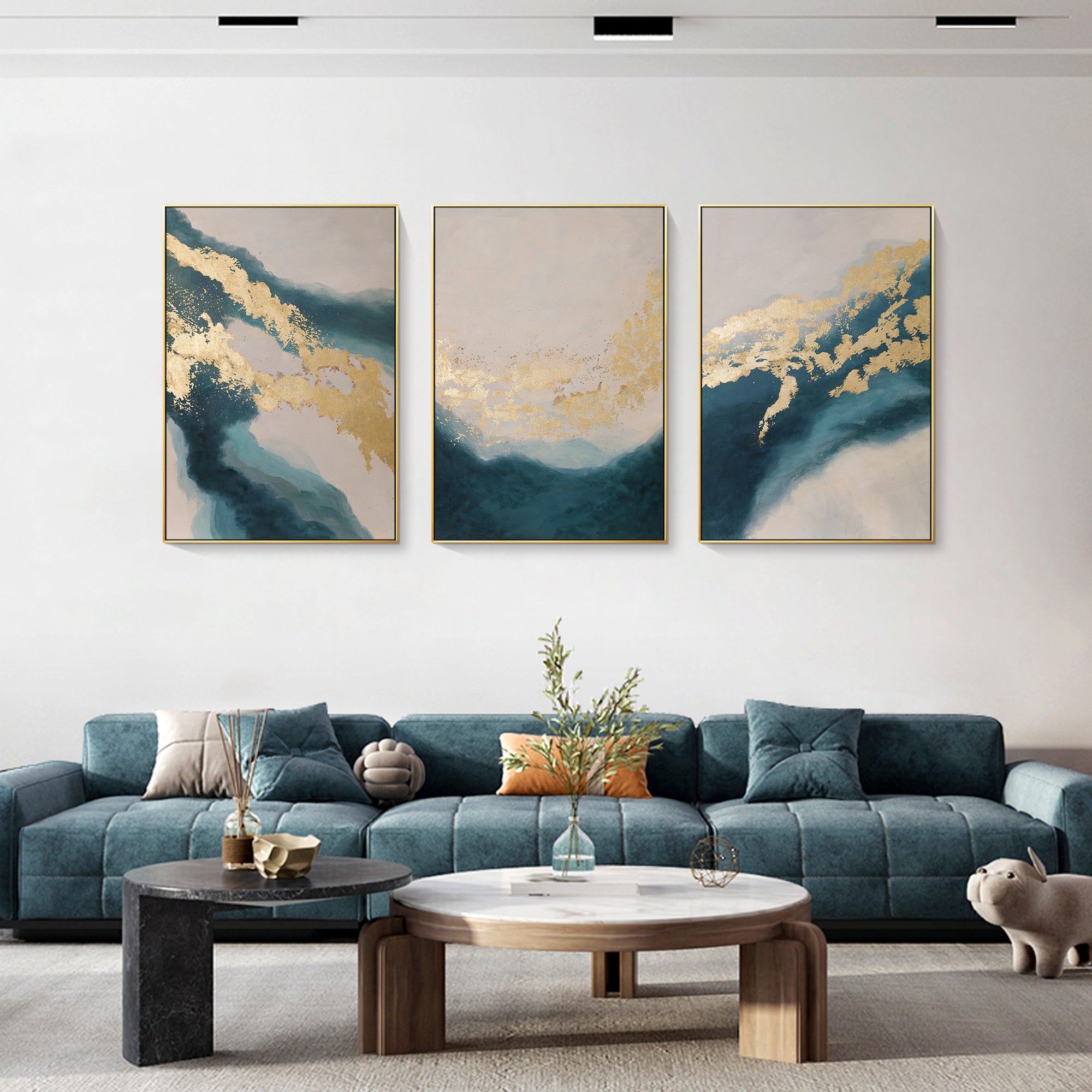 Triple Turquoise Gold Abstract Painting Wall Art