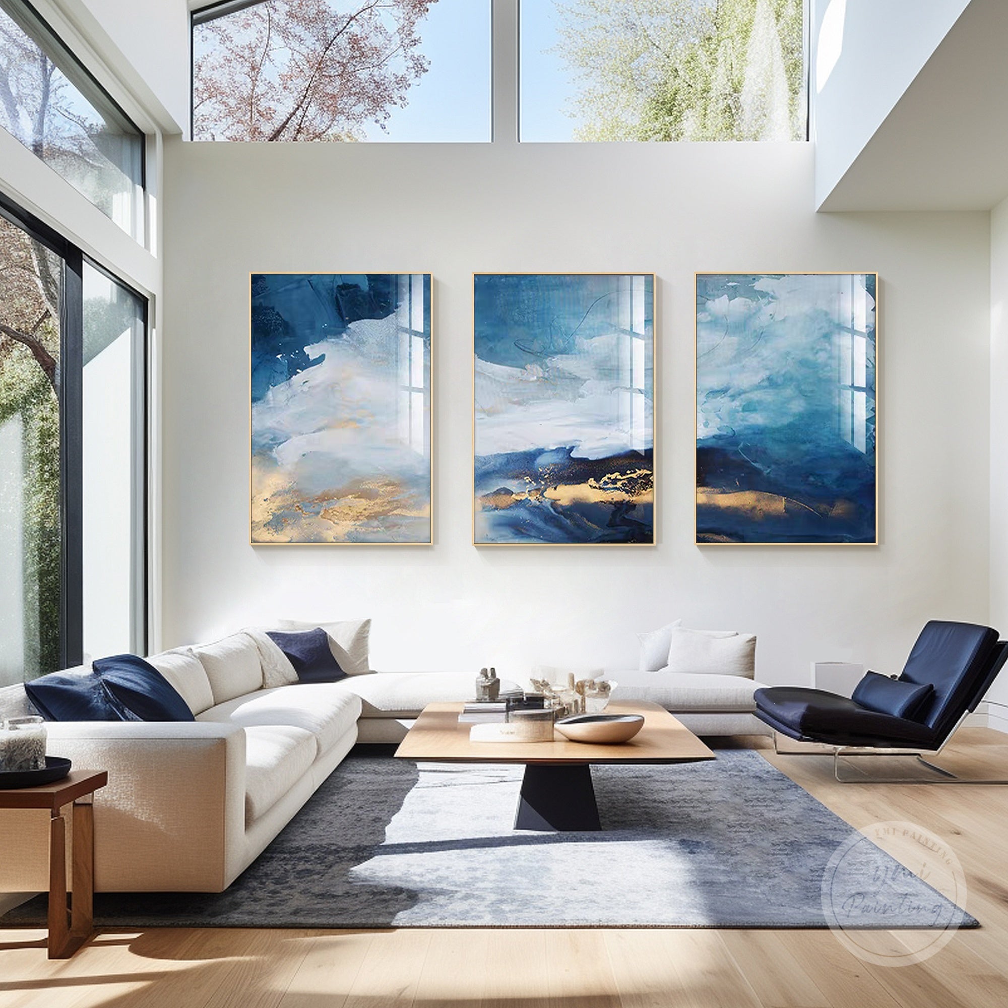 Hand-painted abstract artwork in vibrant teal and blue tones for bold decor.