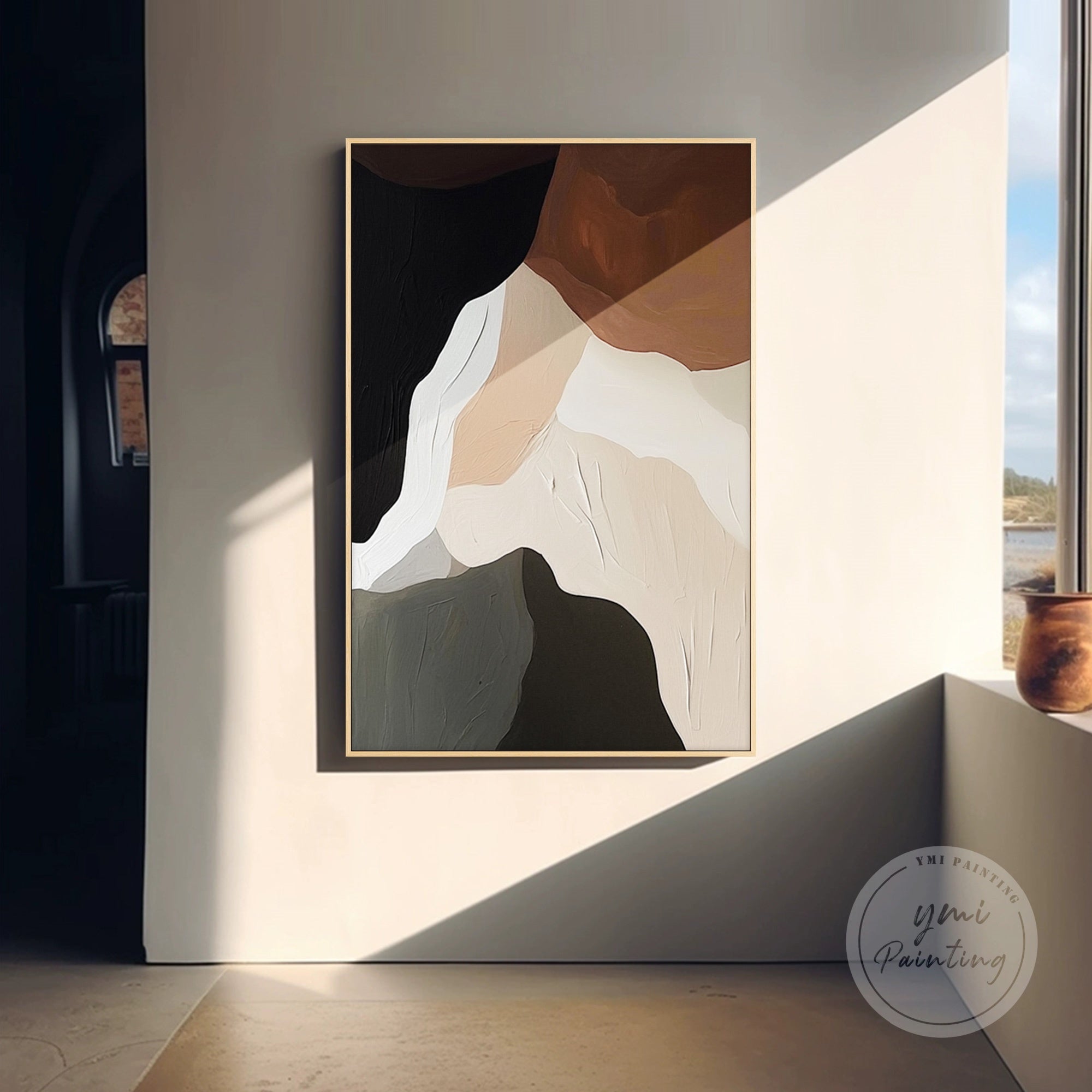 Large canvas abstract artwork with soft beige, gray, and taupe tones.