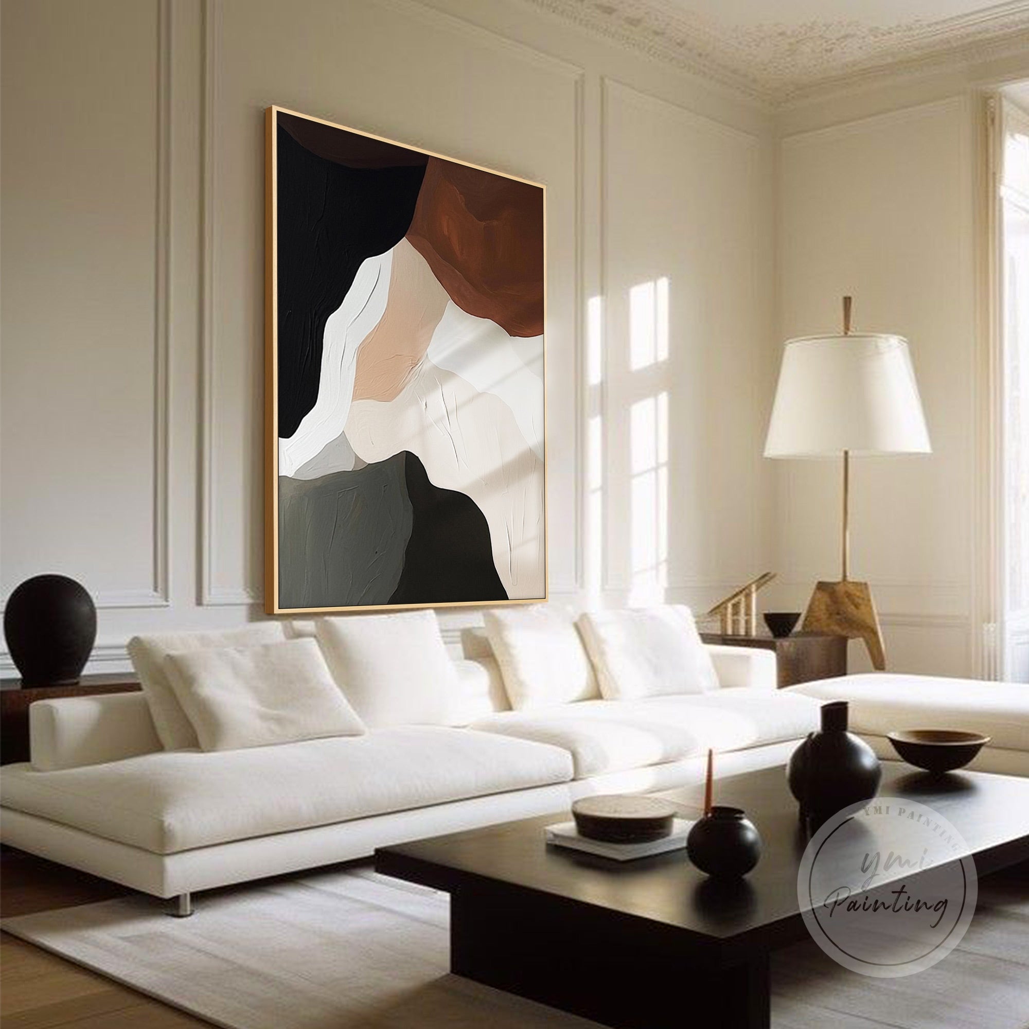 Modern abstract canvas with harmonious beige, gray, and off-white shades.
