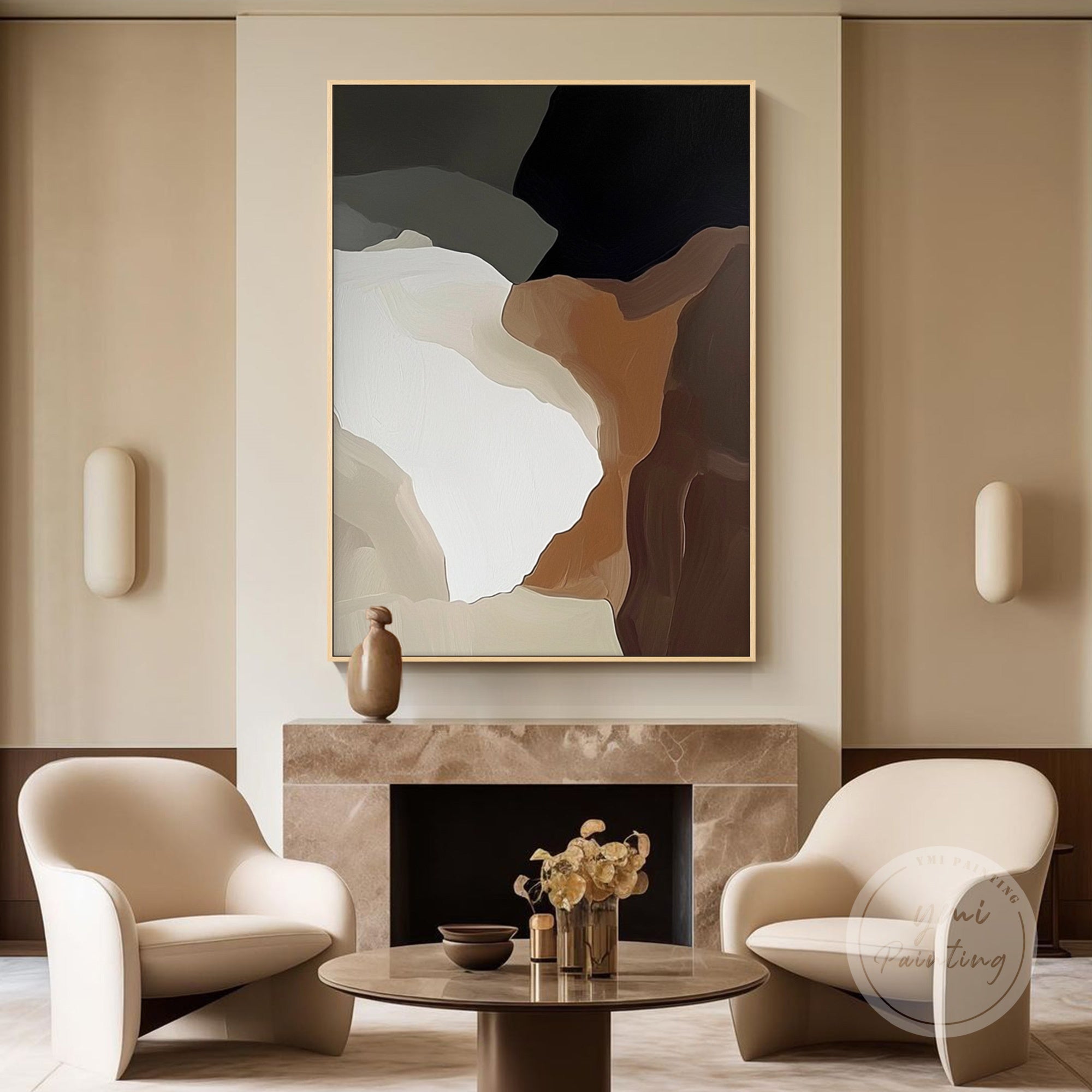 Hand-painted neutral abstract wall art in beige, gray, and taupe tones.