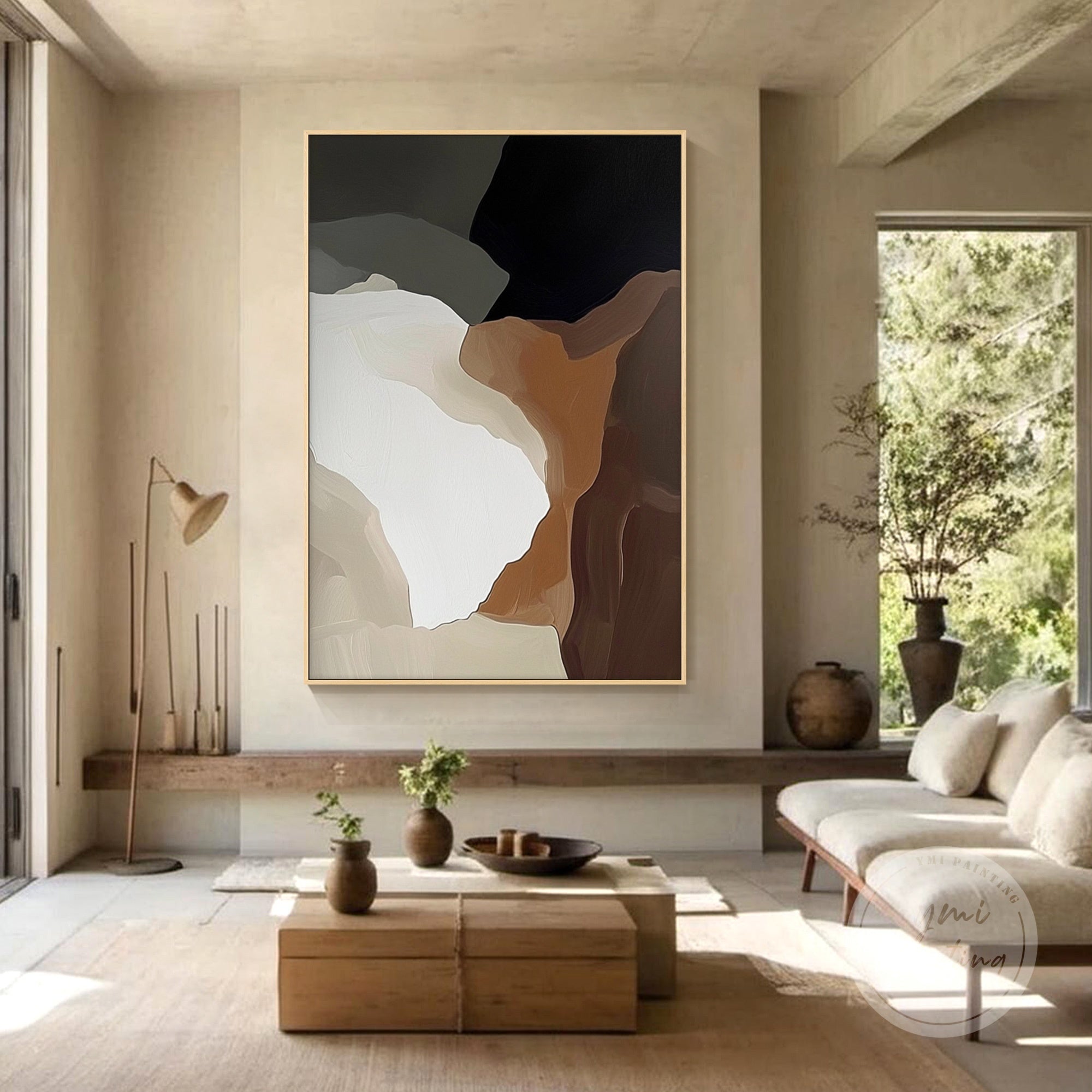 Minimalist canvas painting creating calm and sophisticated living spaces.