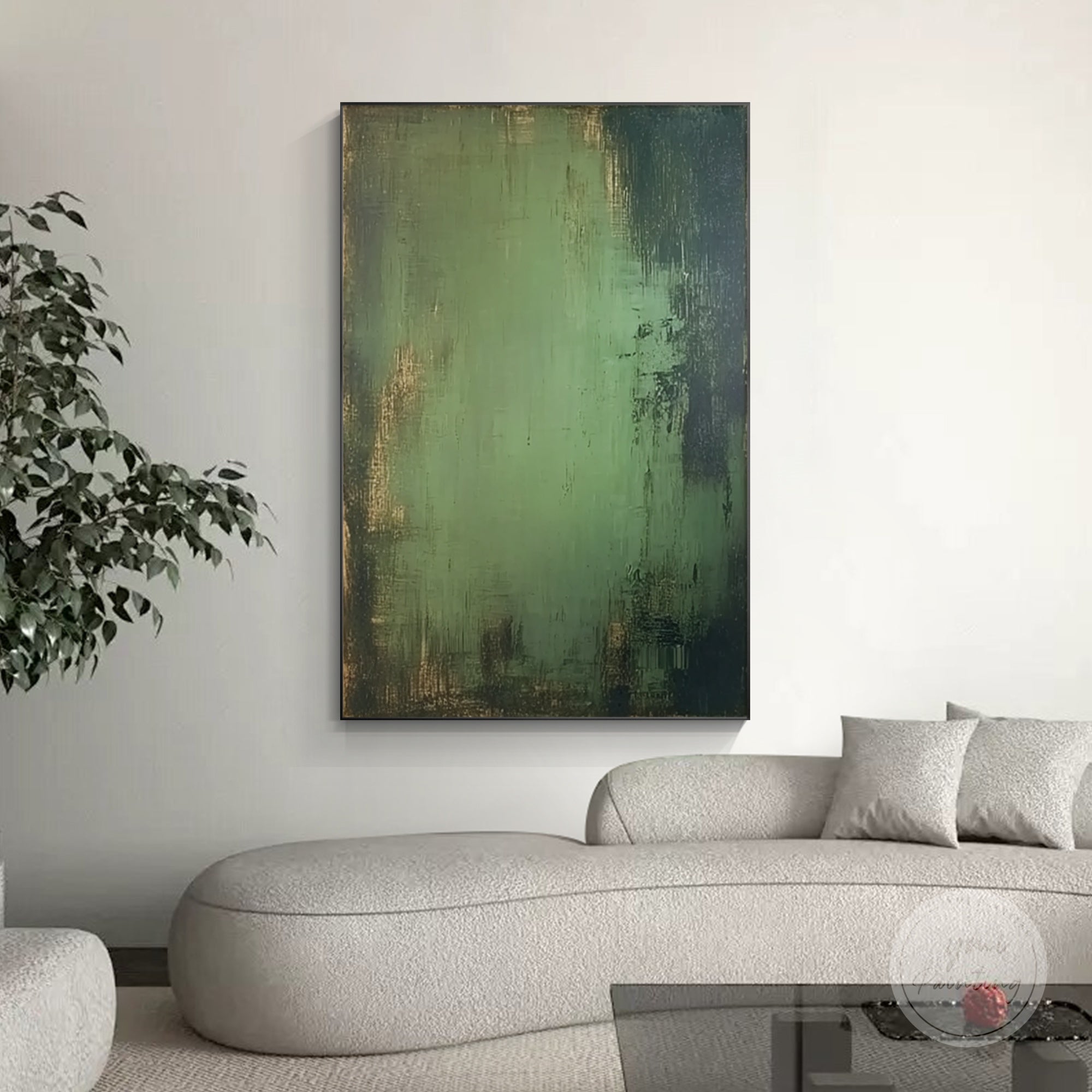 Green and gold abstract painting with textured details