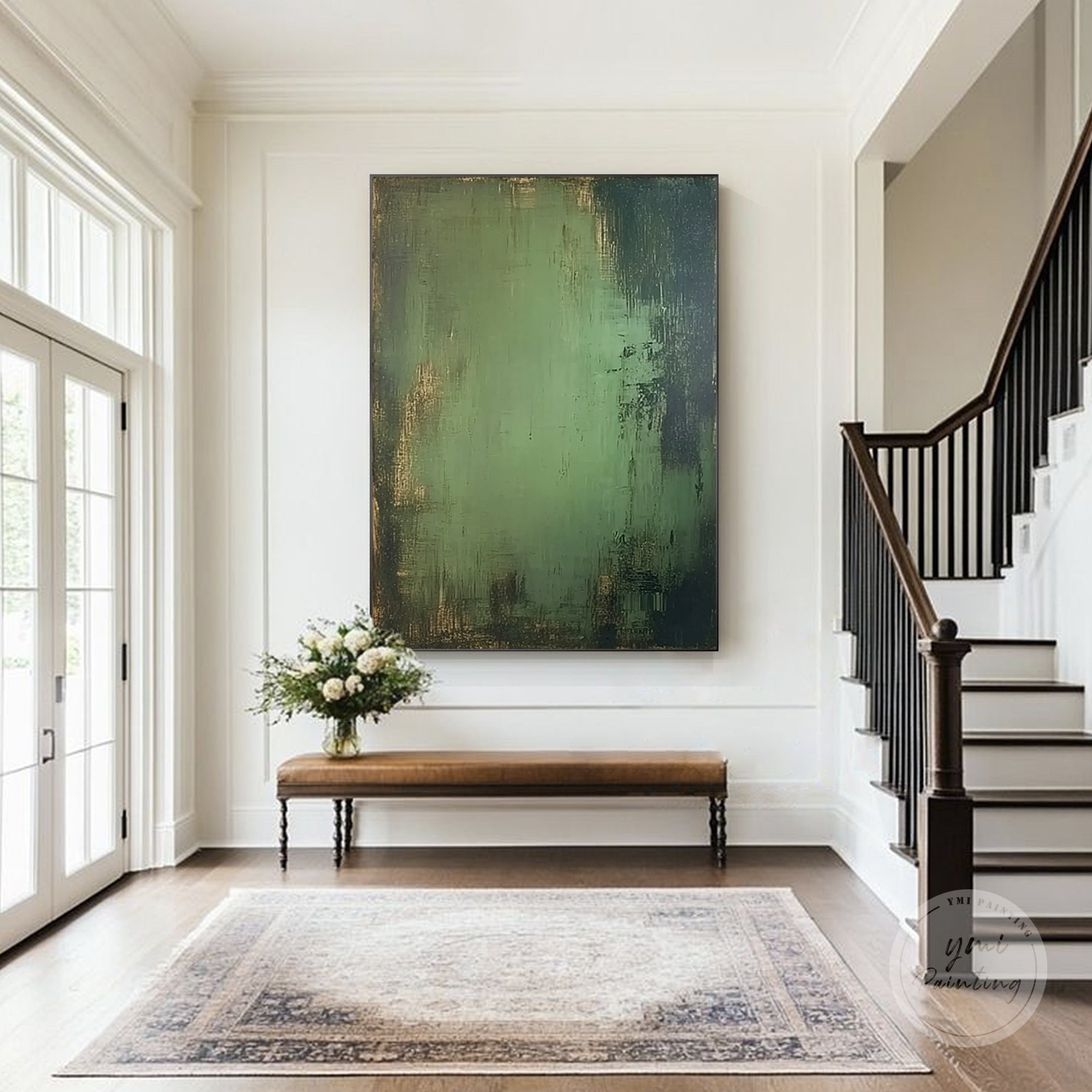 Green canvas painting with gold accents for living room