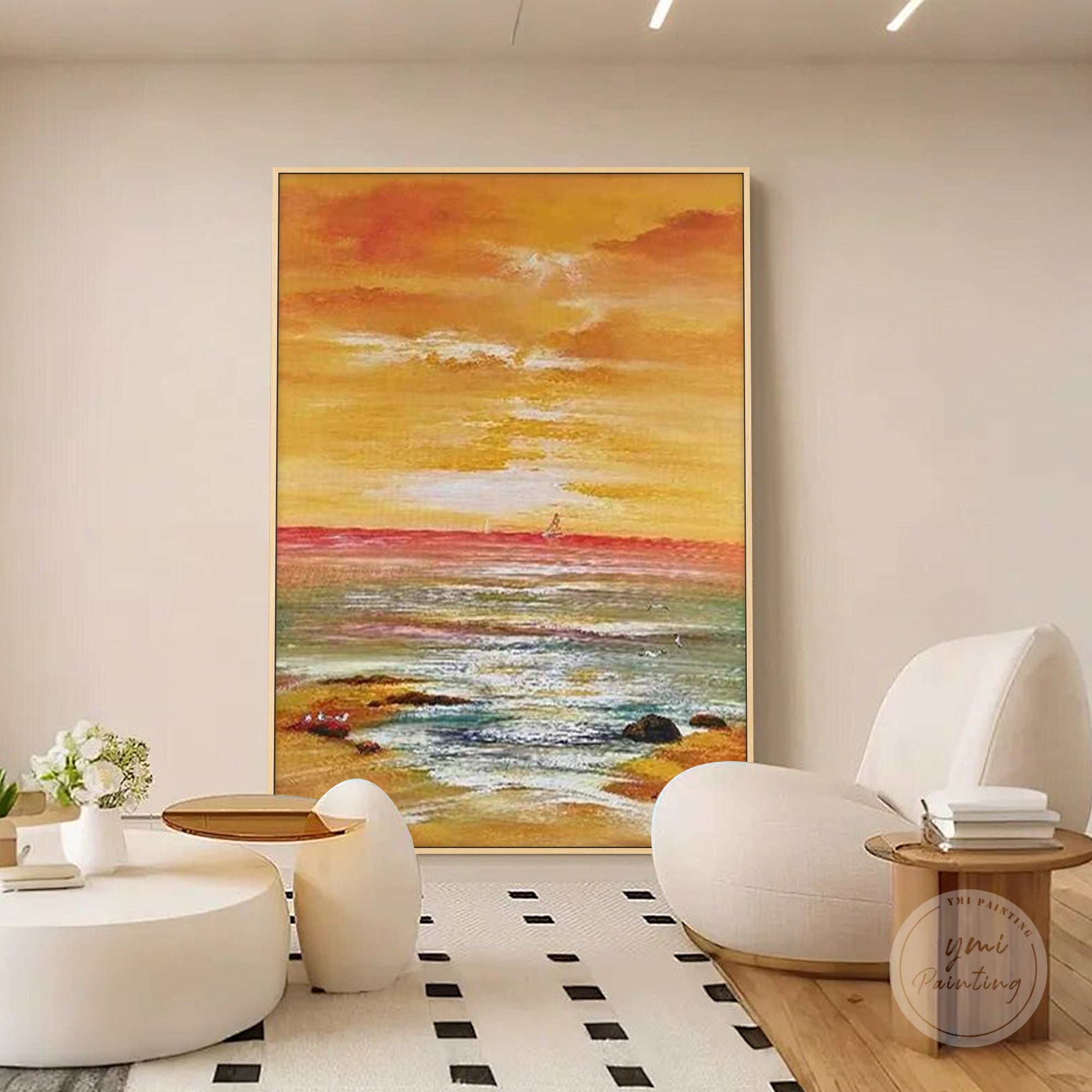 hand-painted sunset beach canvas with glowing clouds and reflections