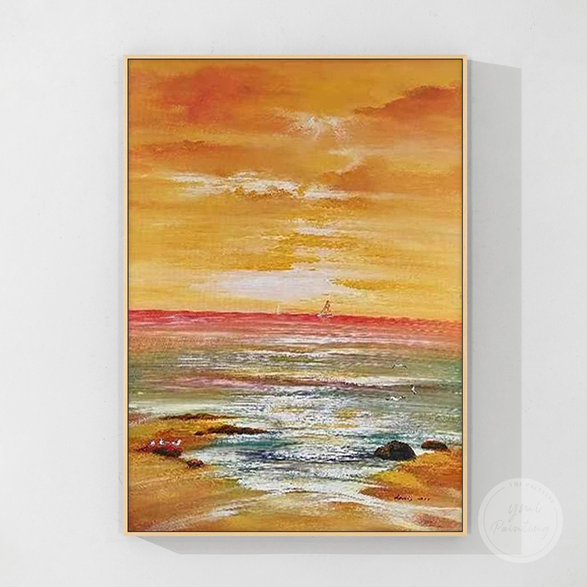 impressionist ocean canvas with orange, gold, blue, and green tones
