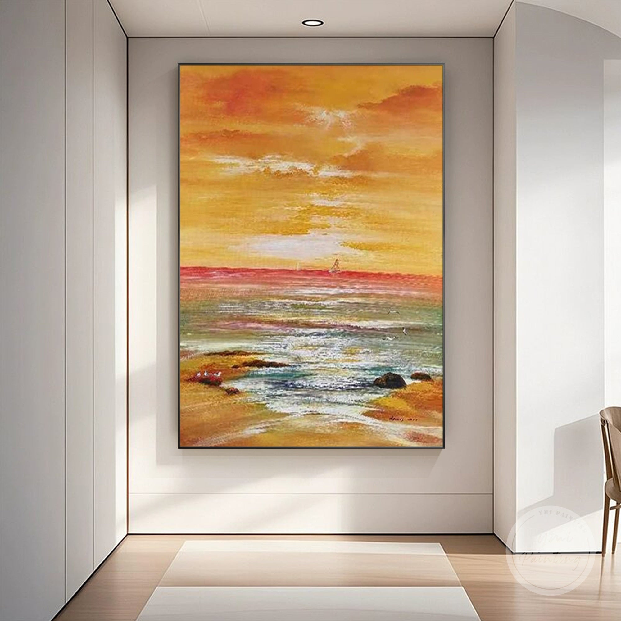 coastal ocean sunset wall art with orange sky and calm blue water