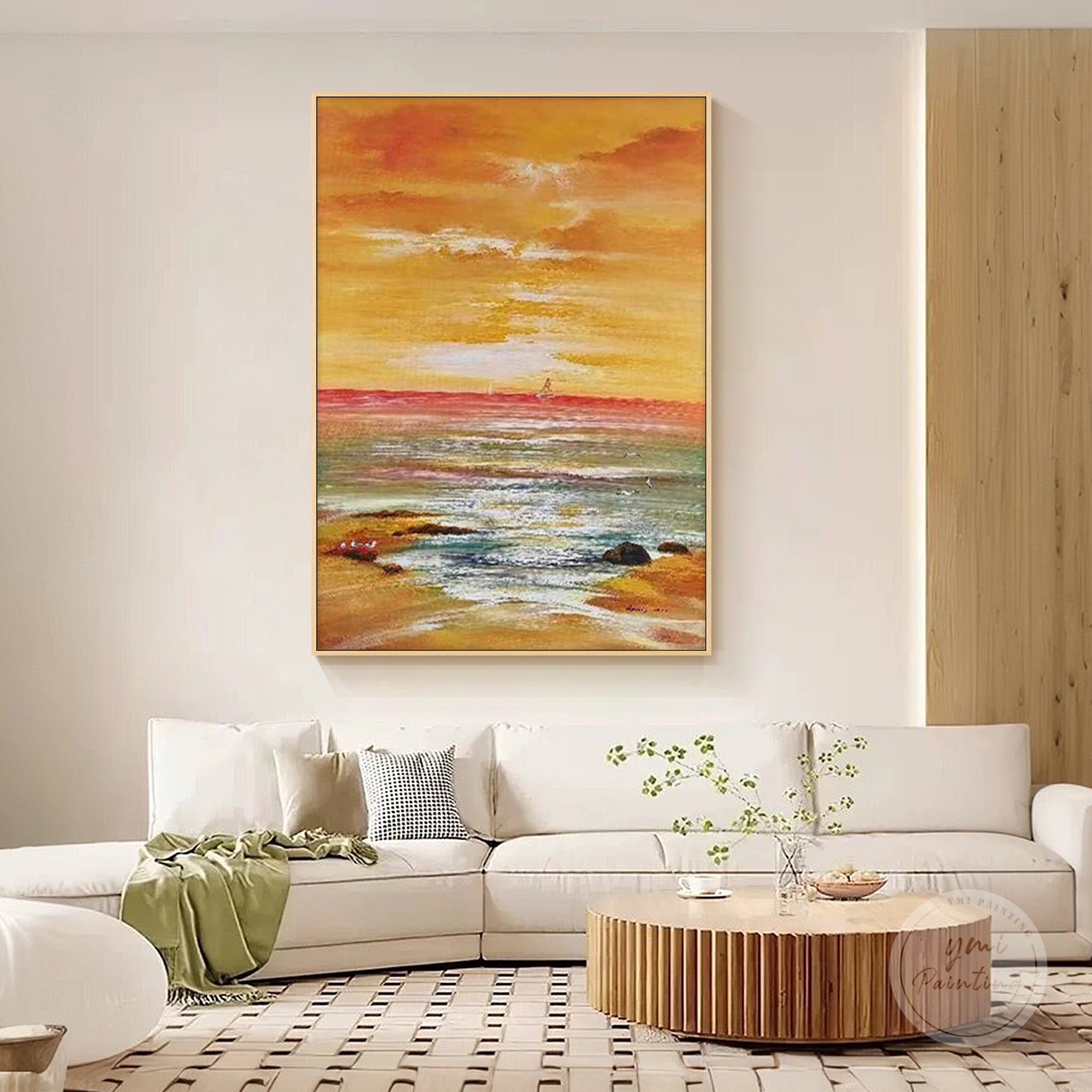 textured sunset sea painting with thick brushstrokes and color layers