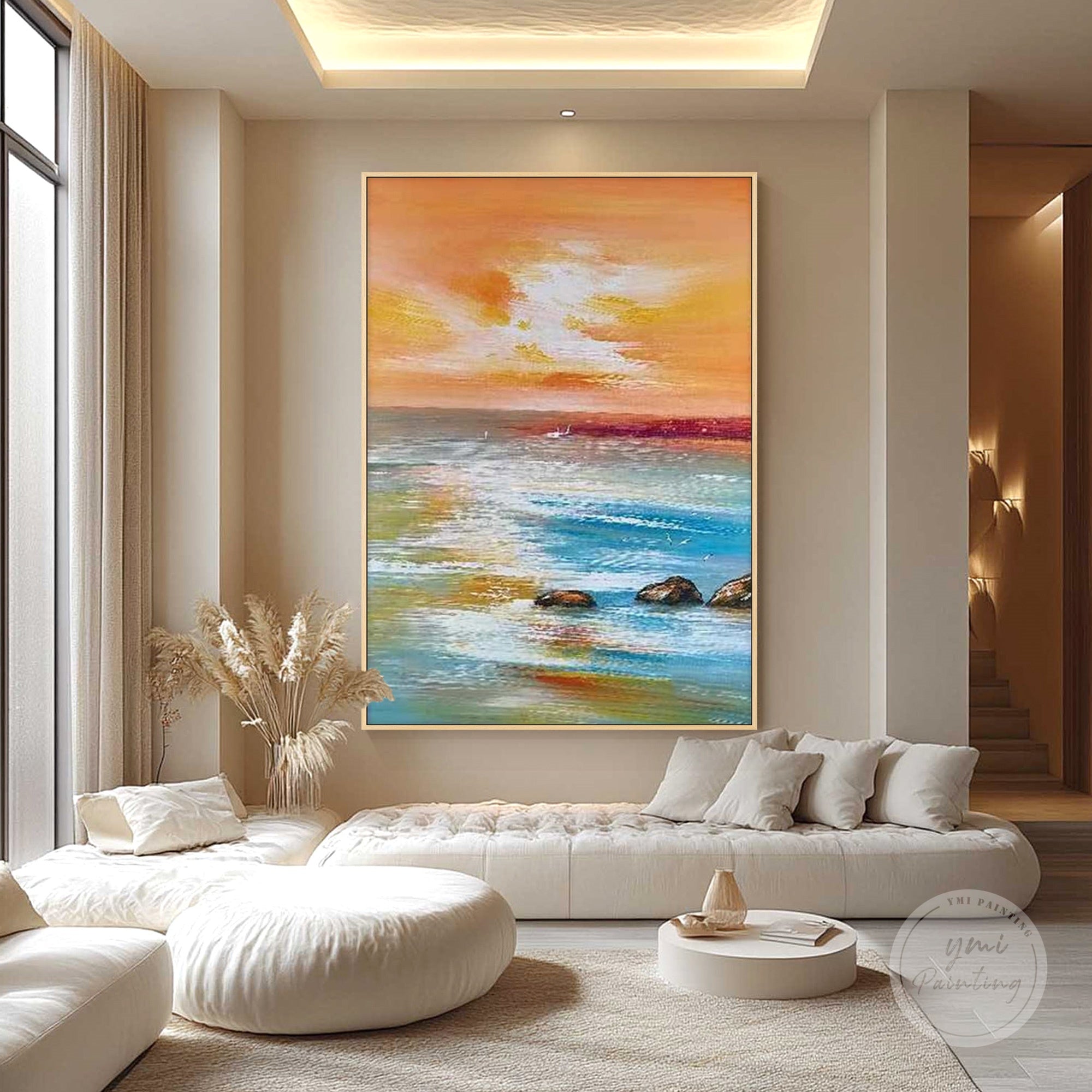 impressionist ocean sunset canvas wall art for living room decor