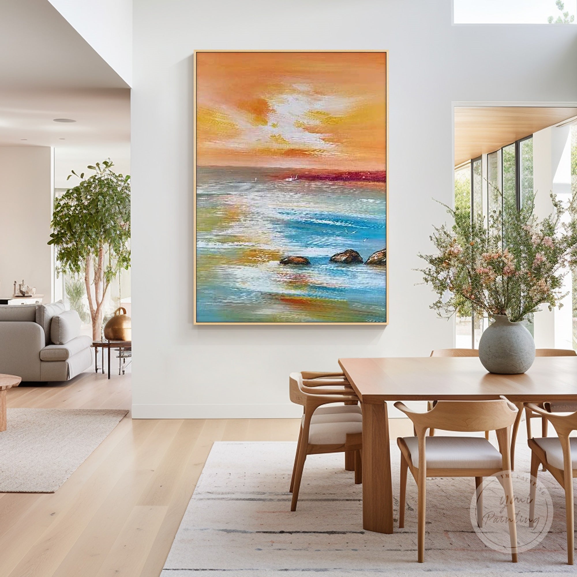 palette knife seascape artwork featuring glowing sunset clouds