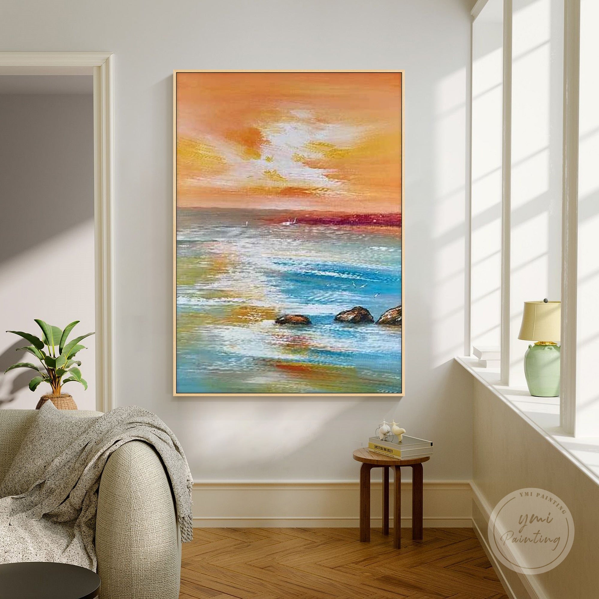 romantic beach sunset oil painting for bedroom or coastal home decor