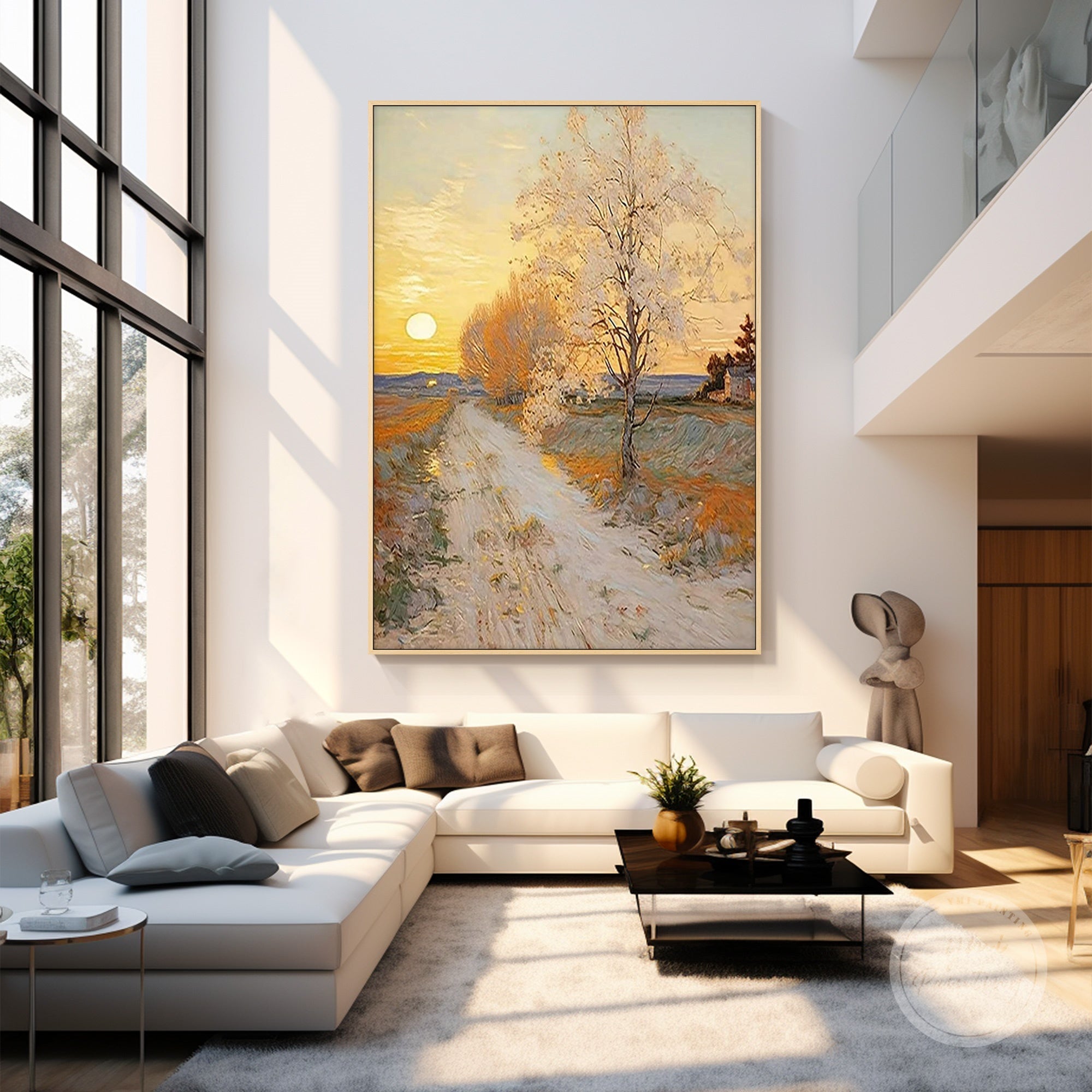 Vertical gold tree wall art on canvas, perfect for living room interiors.