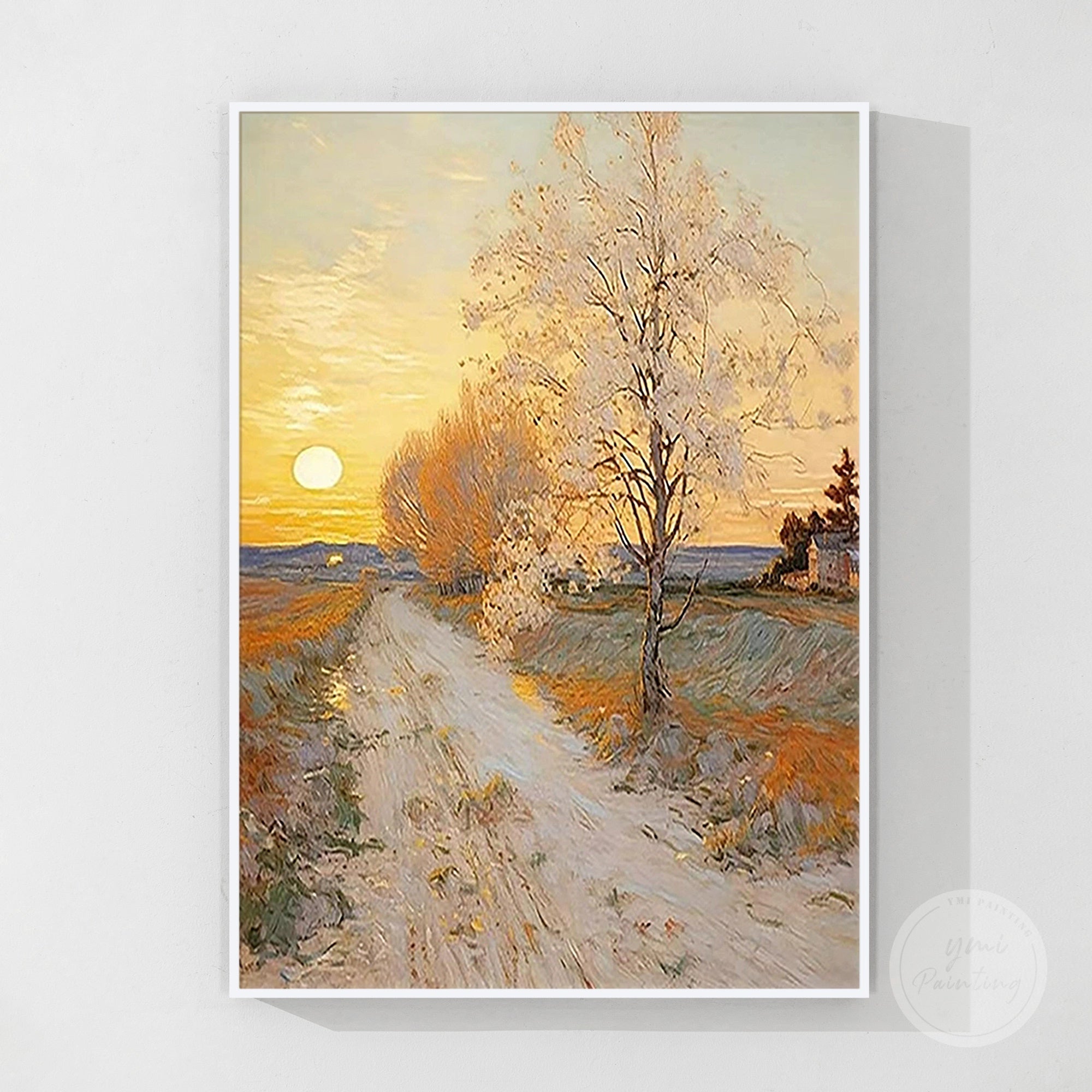 Large golden tree artwork with textured trunk and glowing foliage.