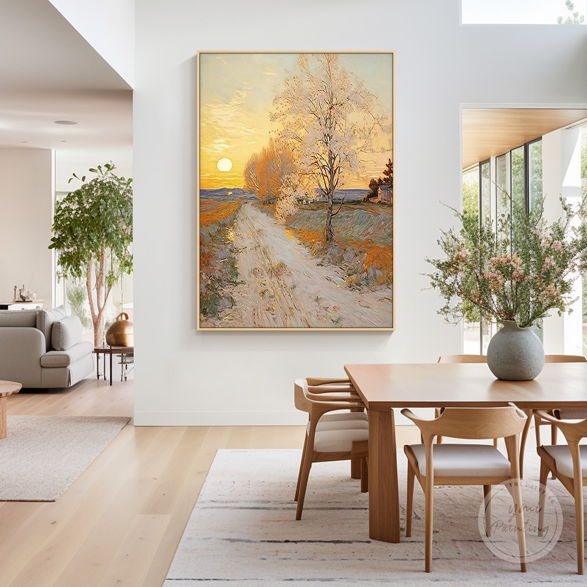 Minimalist golden tree painting for contemporary home decoration.