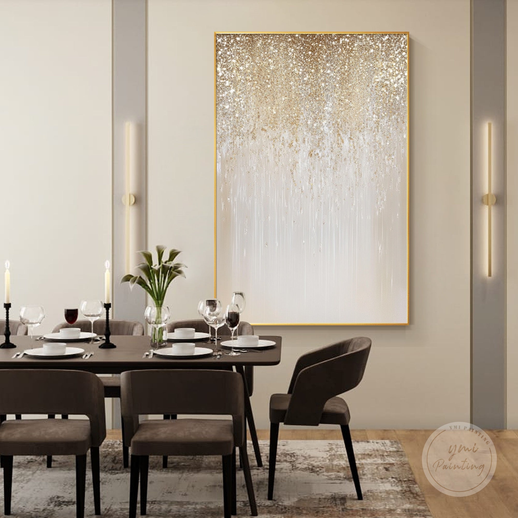 Gold and beige glam painting ideal for luxury home decor.