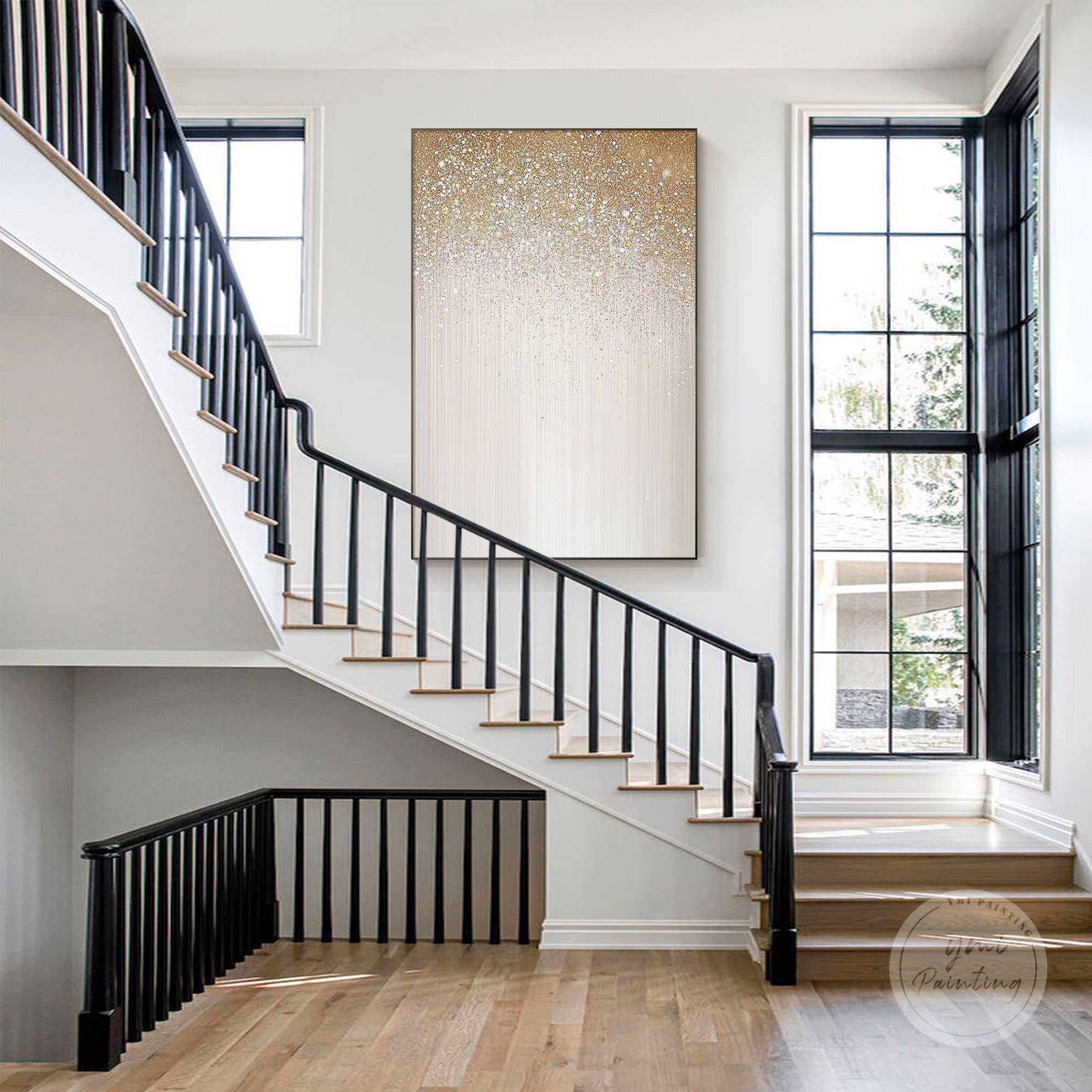 Beige gold glitter canvas painting with abstract bling details for luxury home styling.