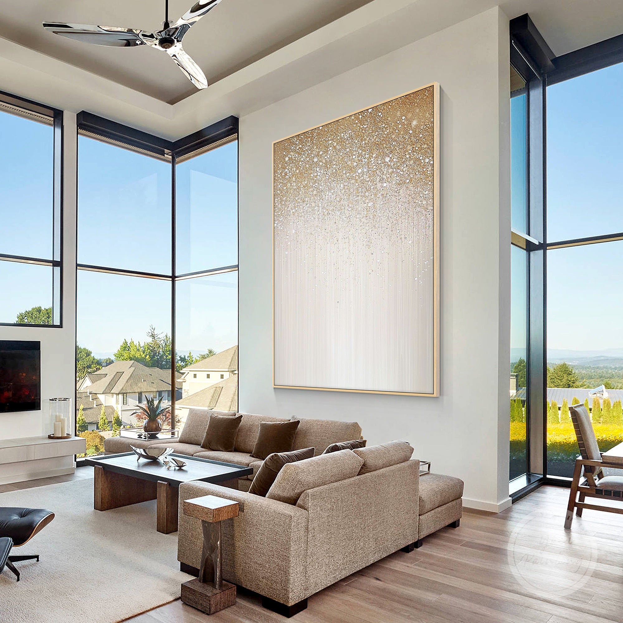 Abstract glam wall art with gold sparkle textures, adding luxury to any living space.