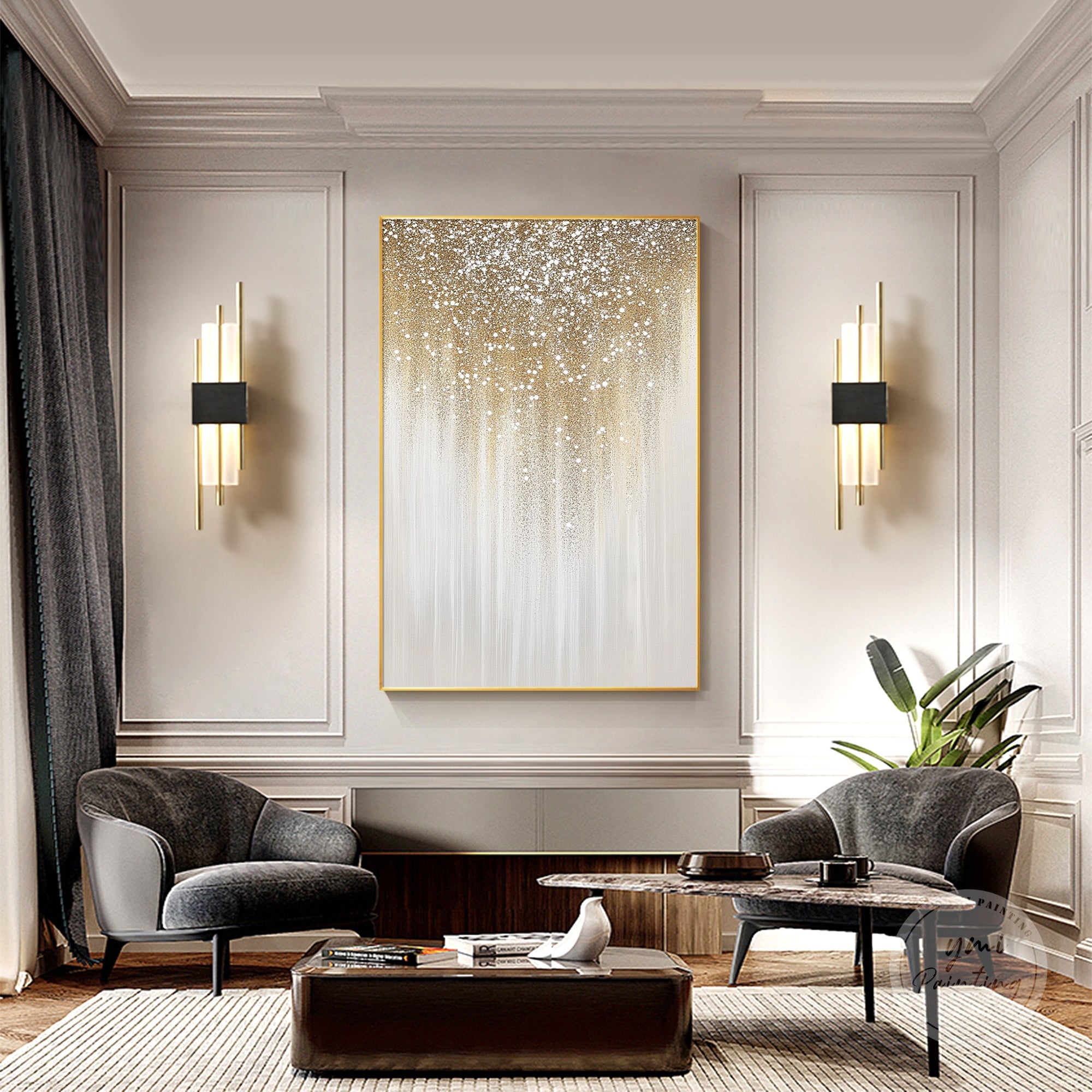 Glam glitter painting on canvas, designed with shimmering gold accents for a modern luxury interior.
