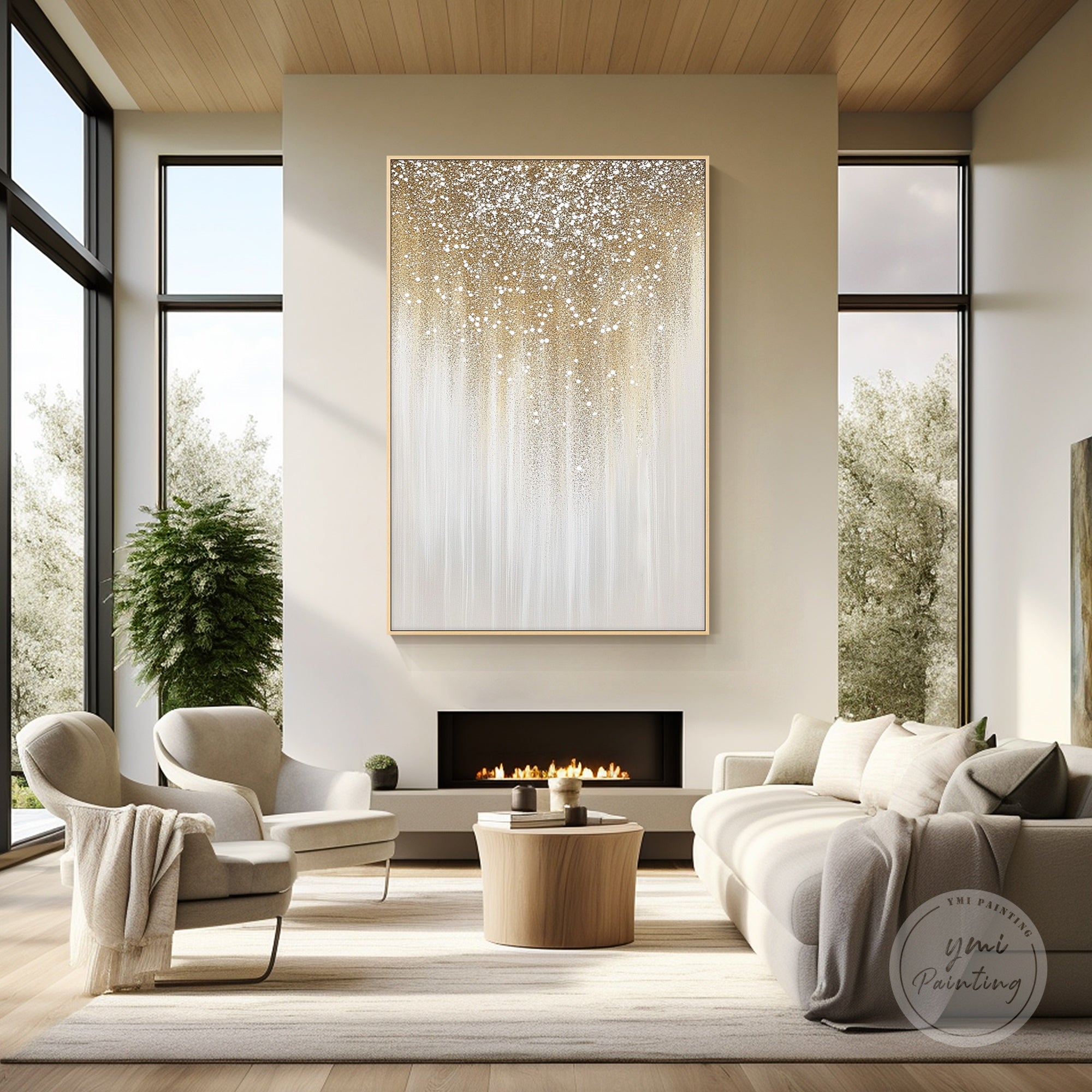 Beige gold glitter canvas art with sparkling highlights, perfect for living rooms or entryways.