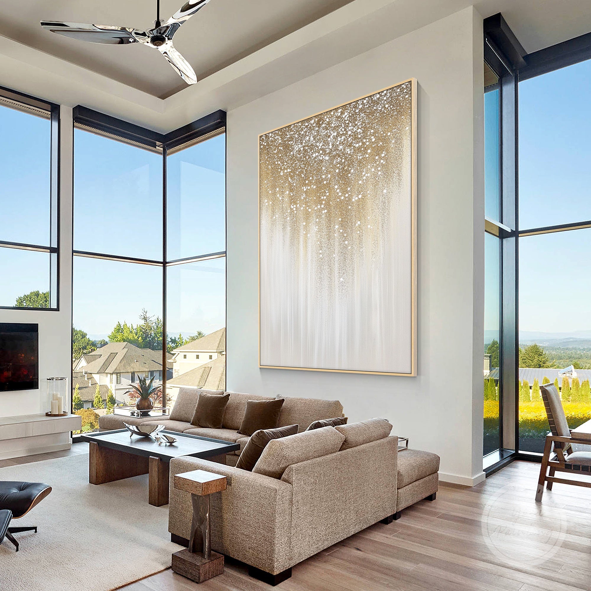 Abstract glitter painting with rich golden sparkles, adding a touch of opulence to any space.