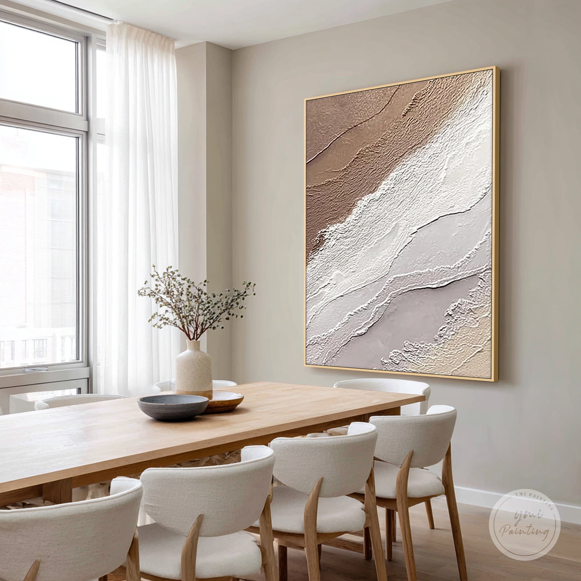 Contemporary neutral wall art with depth