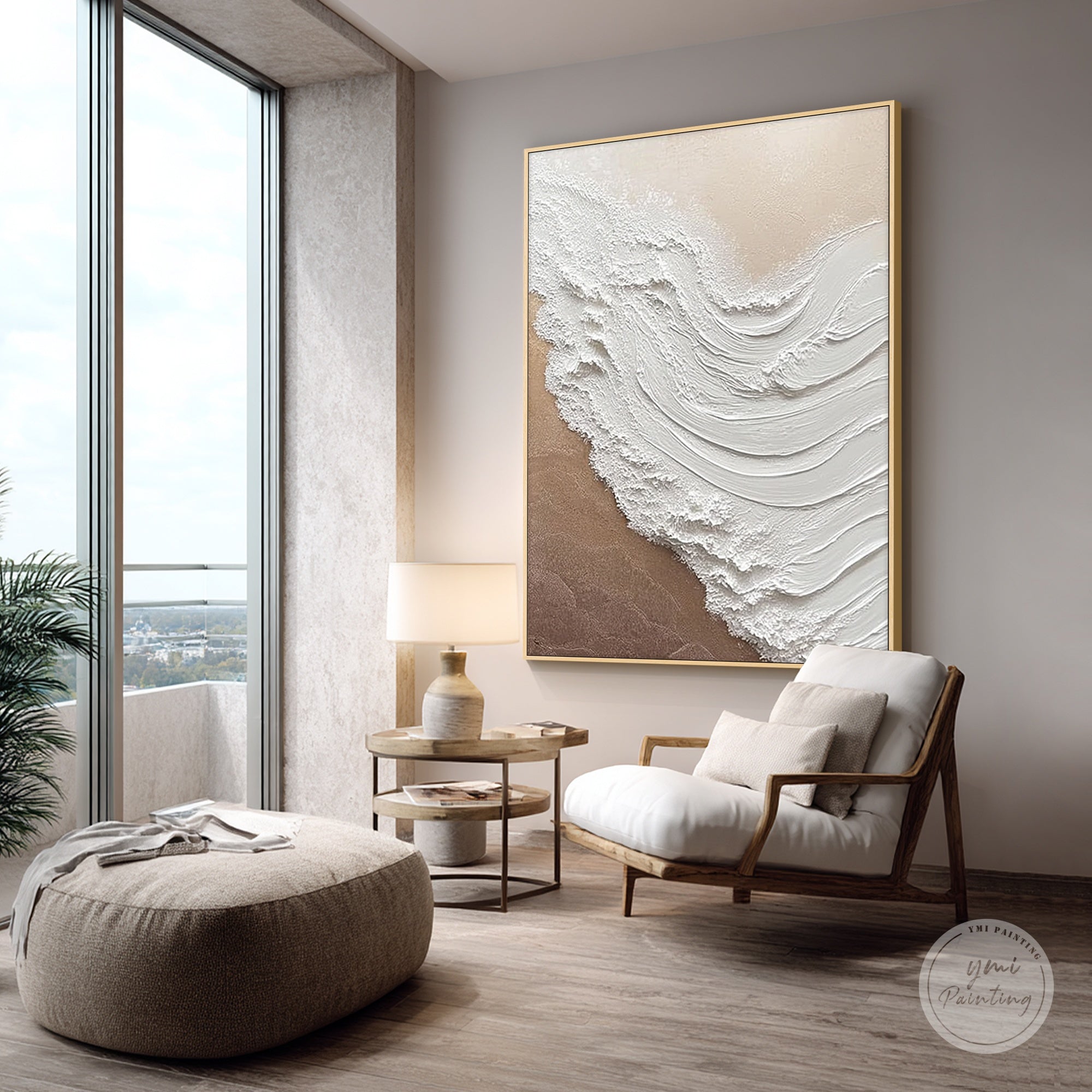 Abstract beach inspired painting with white texture