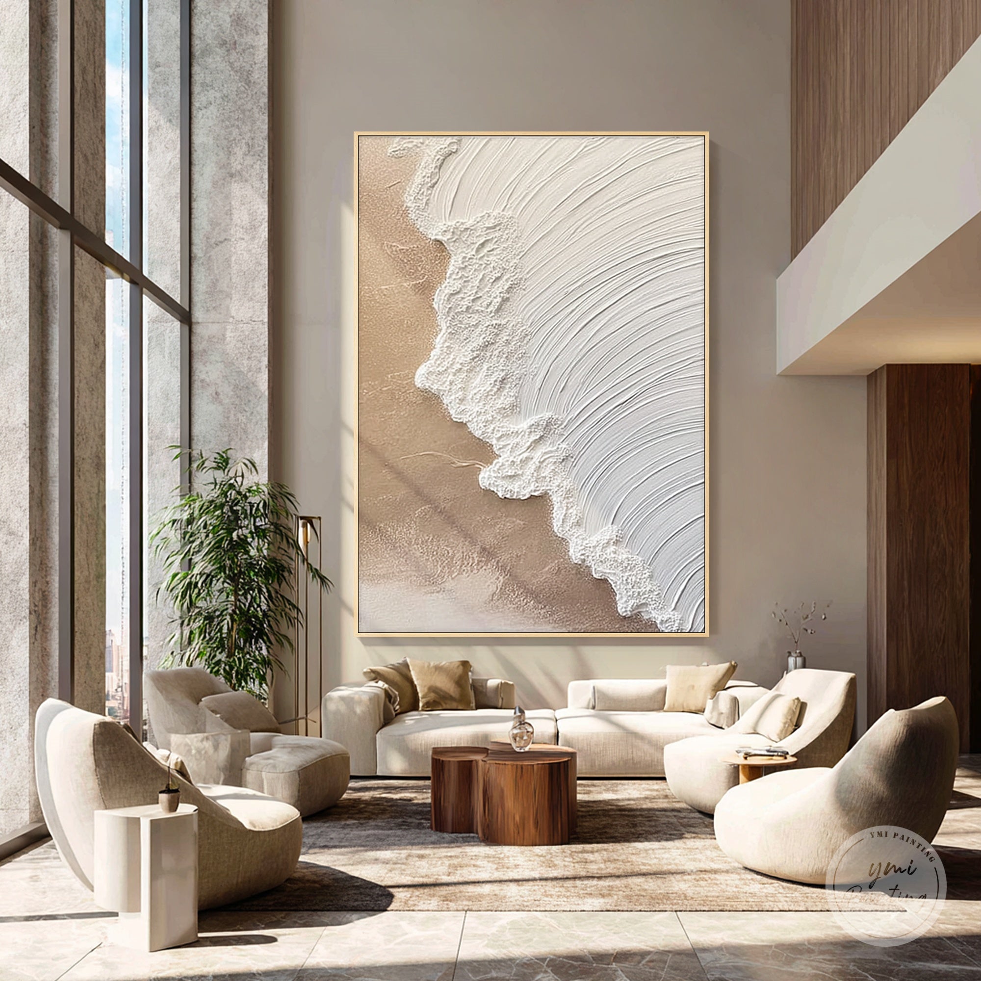 White beige ocean wave painting with layered texture