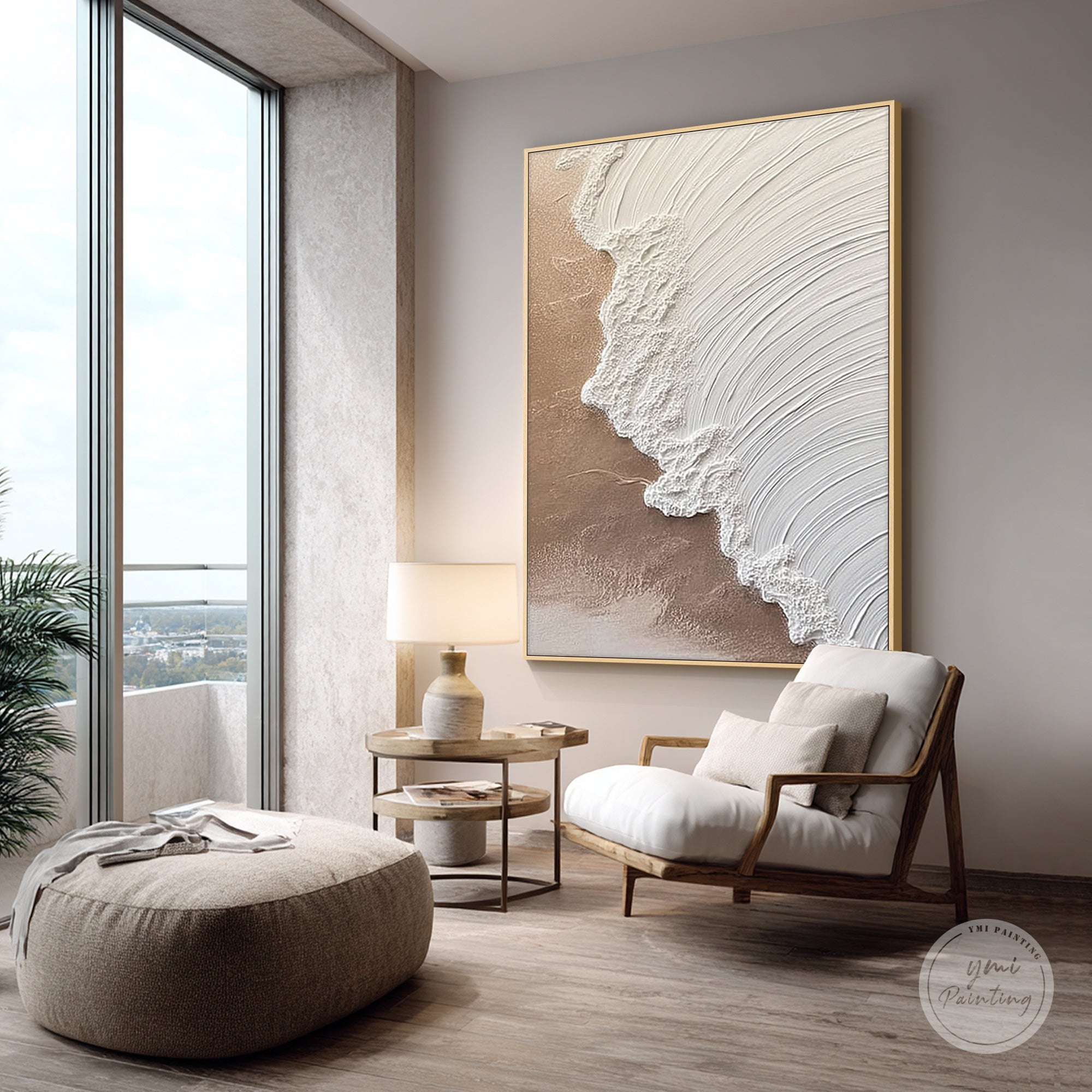 Neutral ocean inspired wall art with sculptural surface