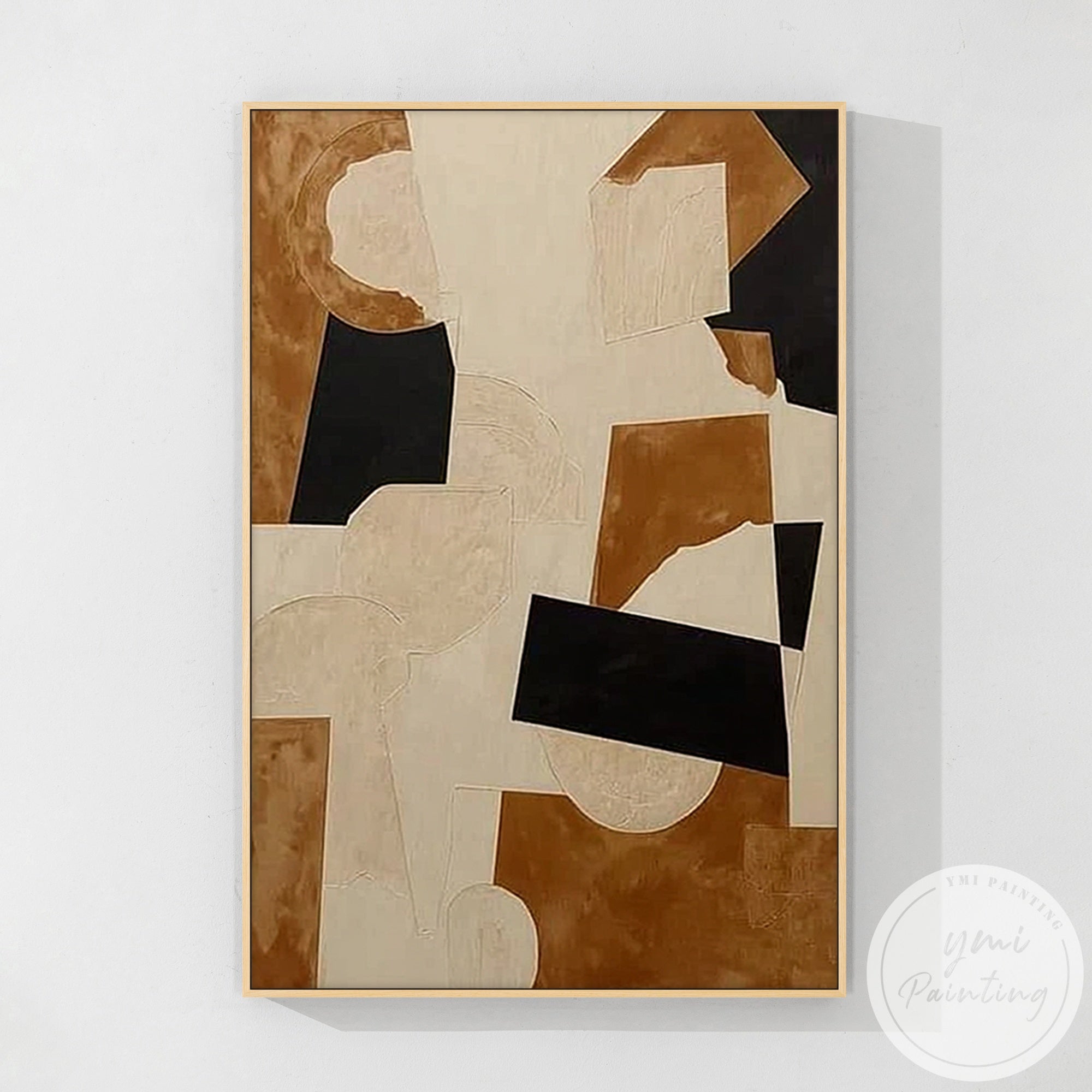 neutral abstract geometric painting beige brown black canvas