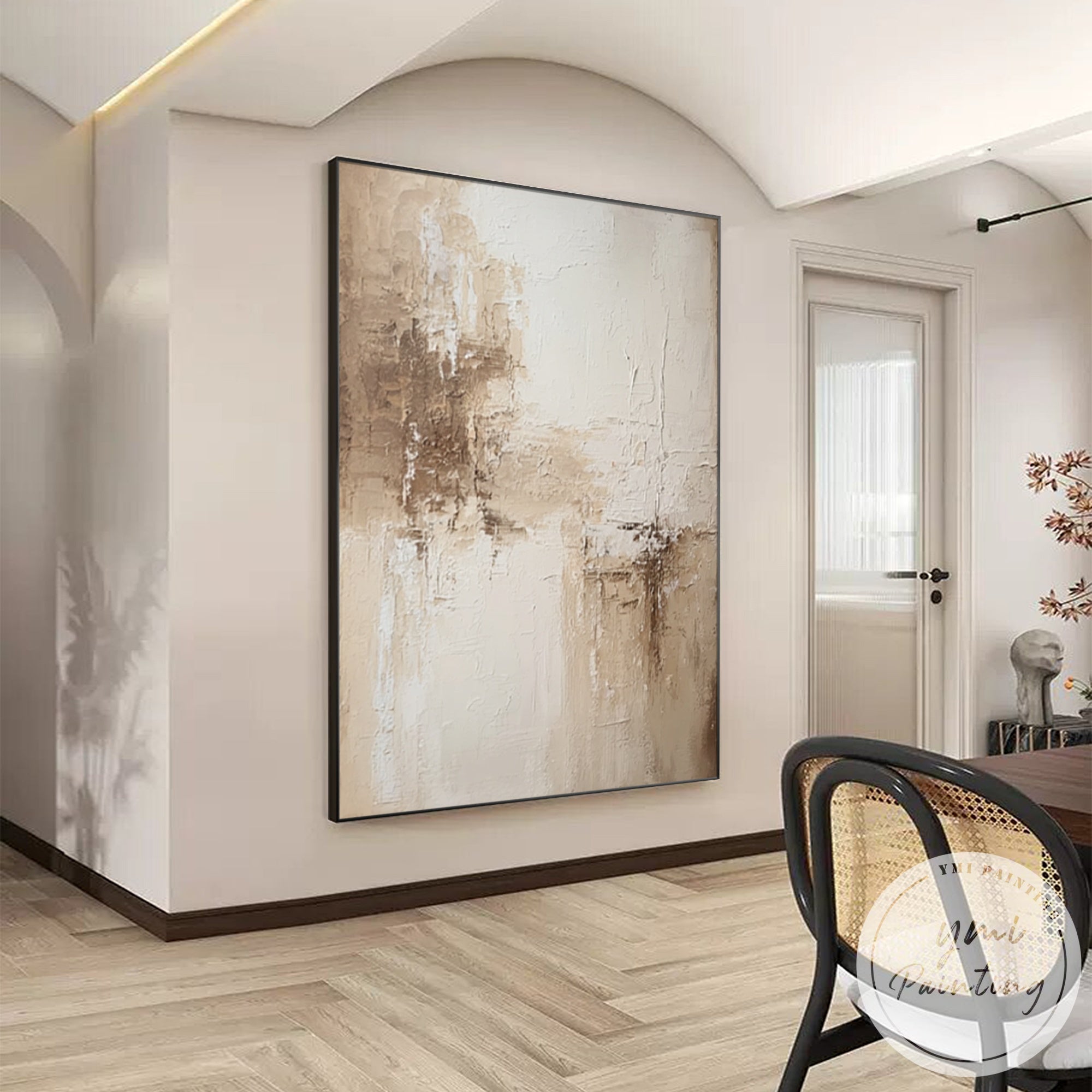 Modern neutral abstract painting with depth and layers
