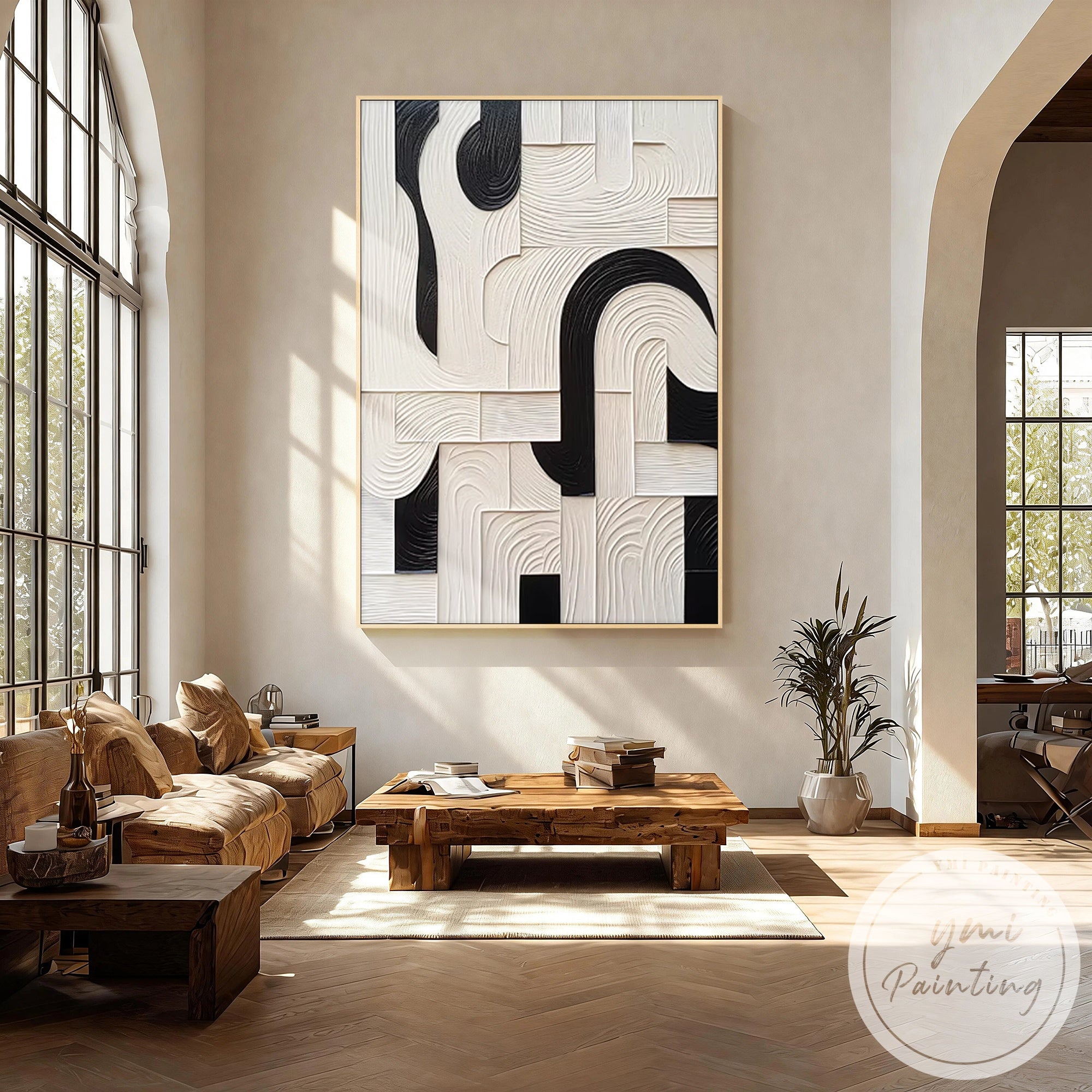 Minimalist geometric canvas with raised texture black white