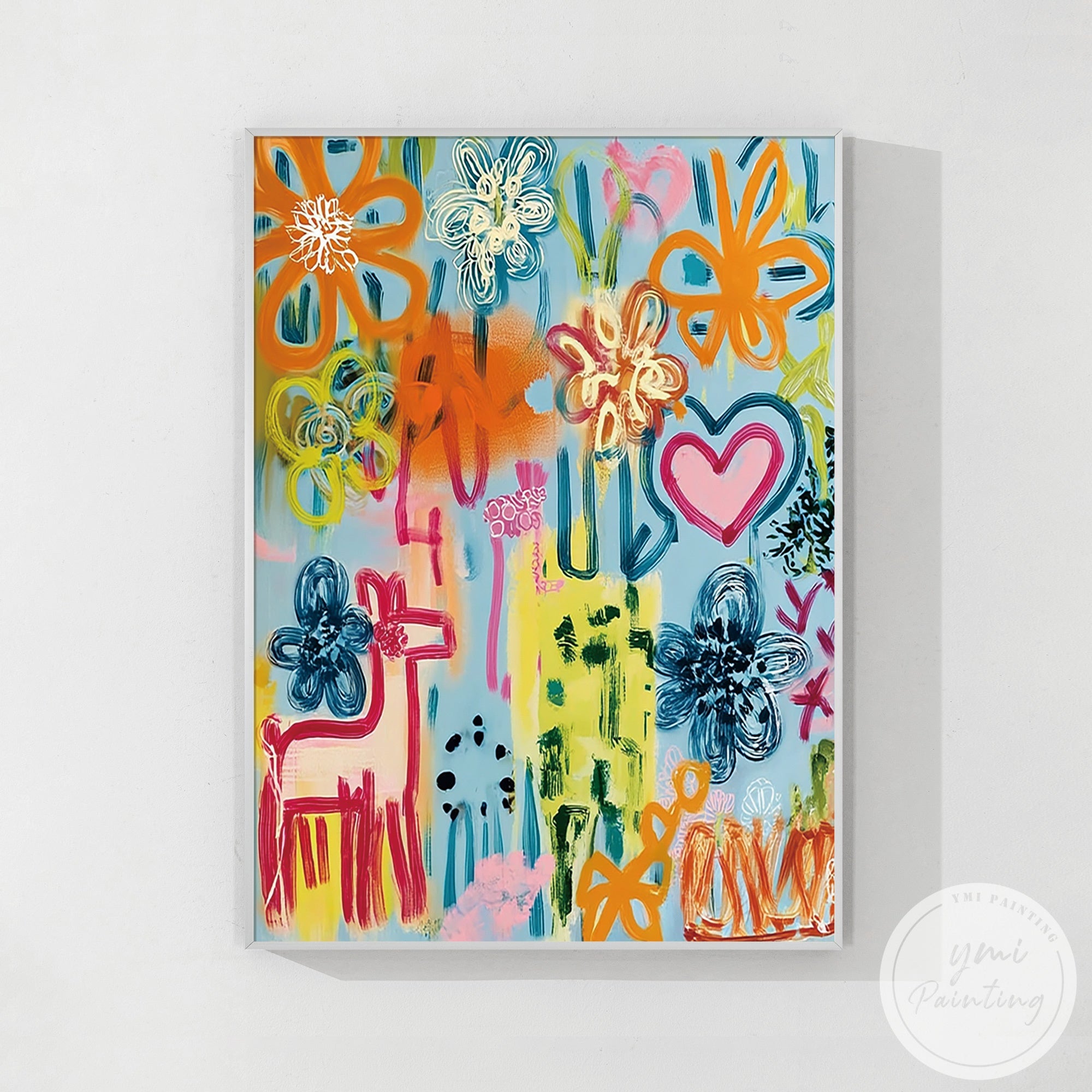 Abstract painting featuring flowers, hearts, and bright hues