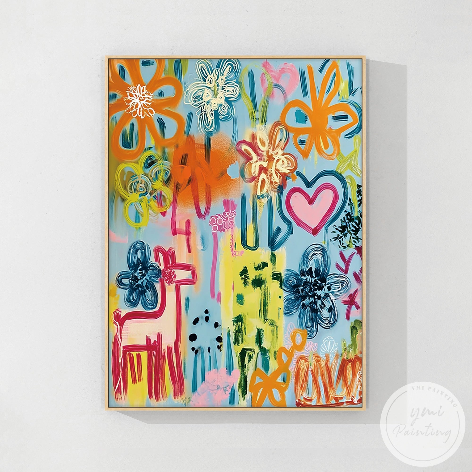 Unique vibrant abstract canvas with floral and geometric patterns