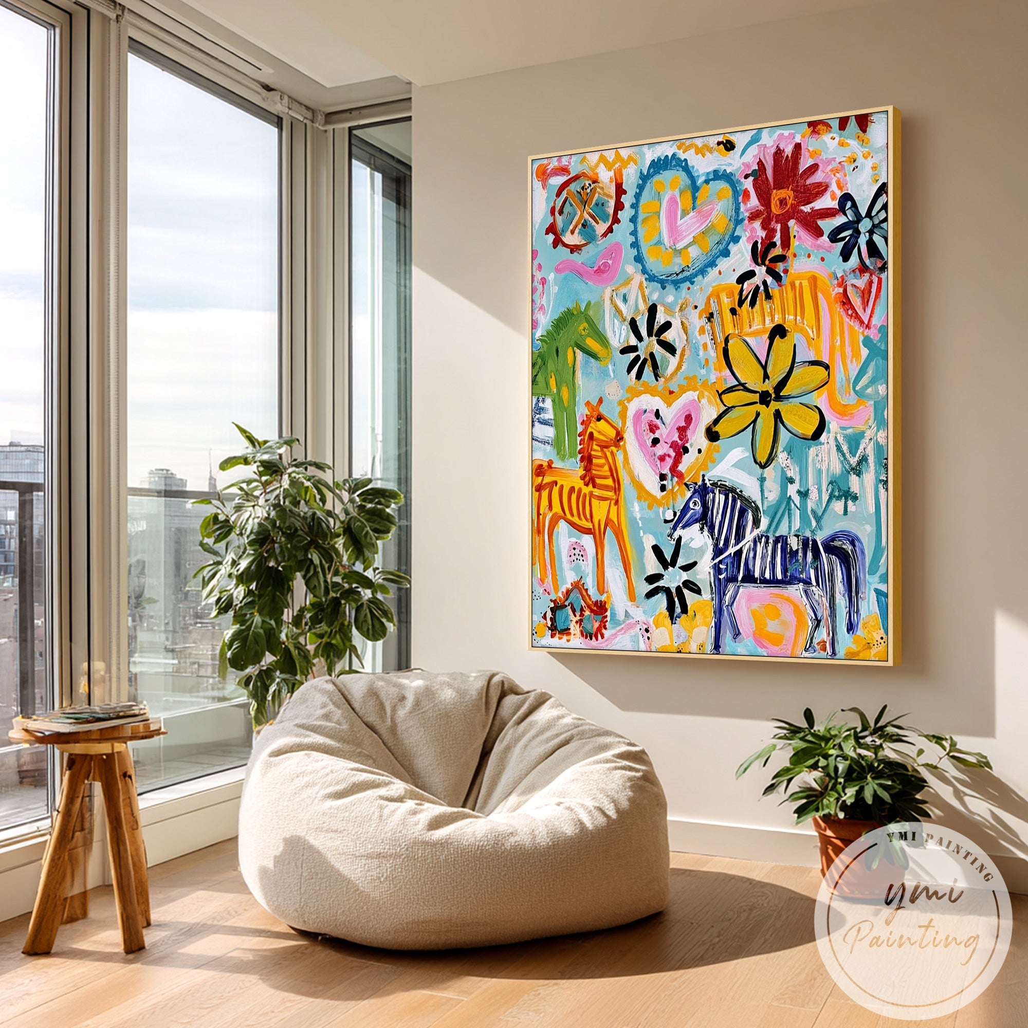 Playful abstract painting with bright colors and whimsical figures