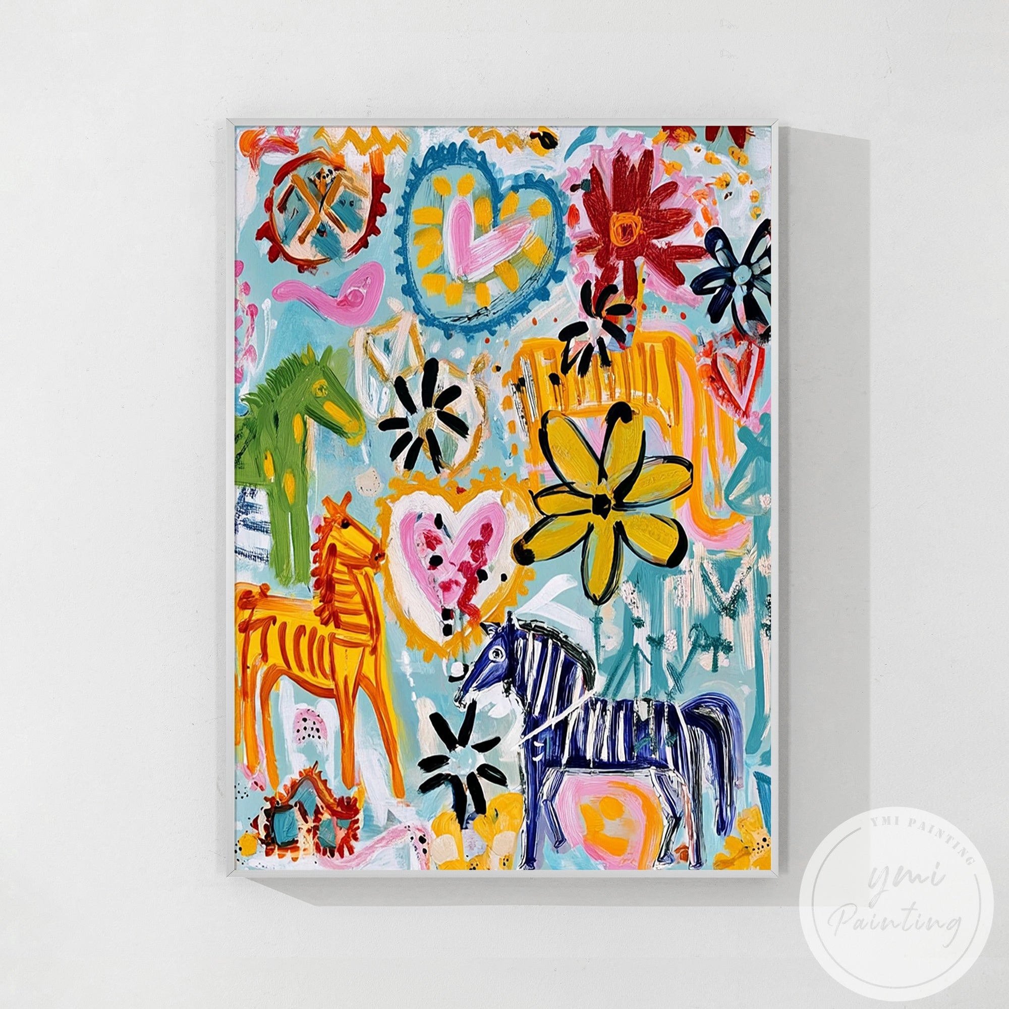 Vibrant hand-painted abstract horse and flower artwork