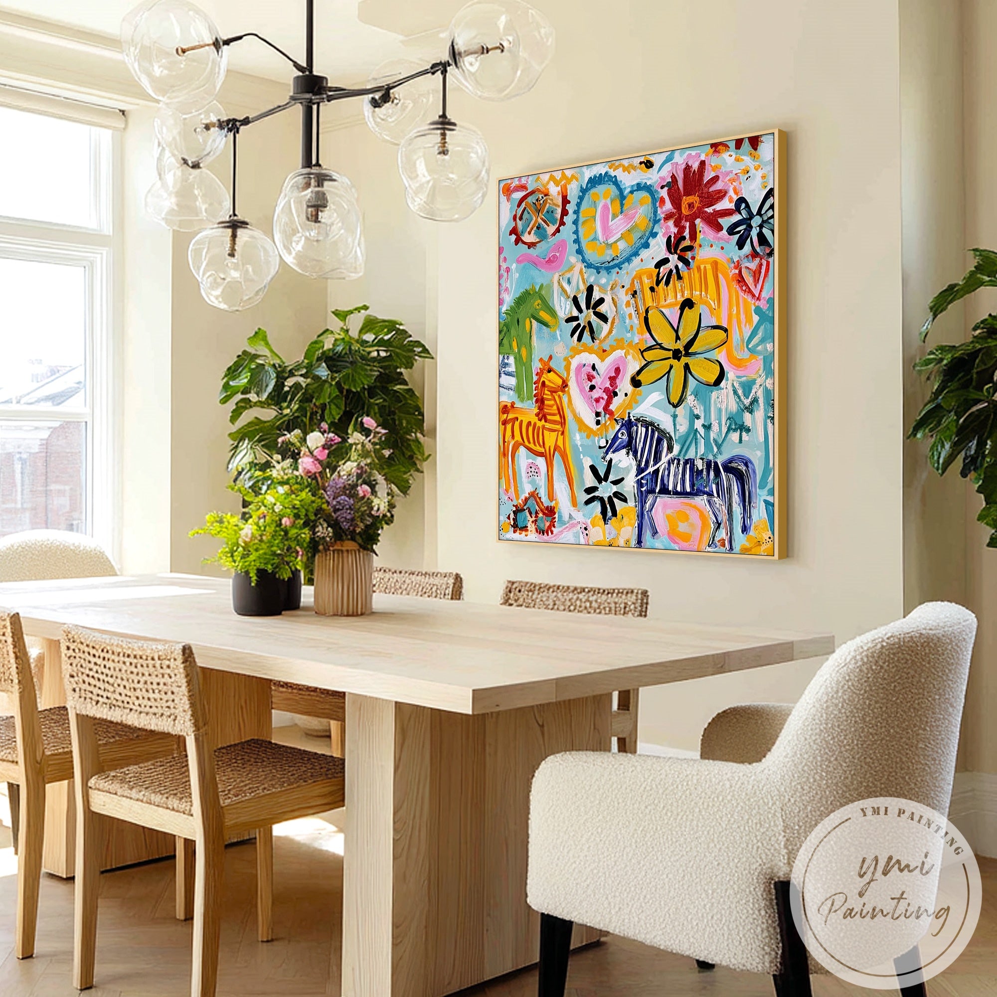 Fun and expressive abstract art with horses and hearts