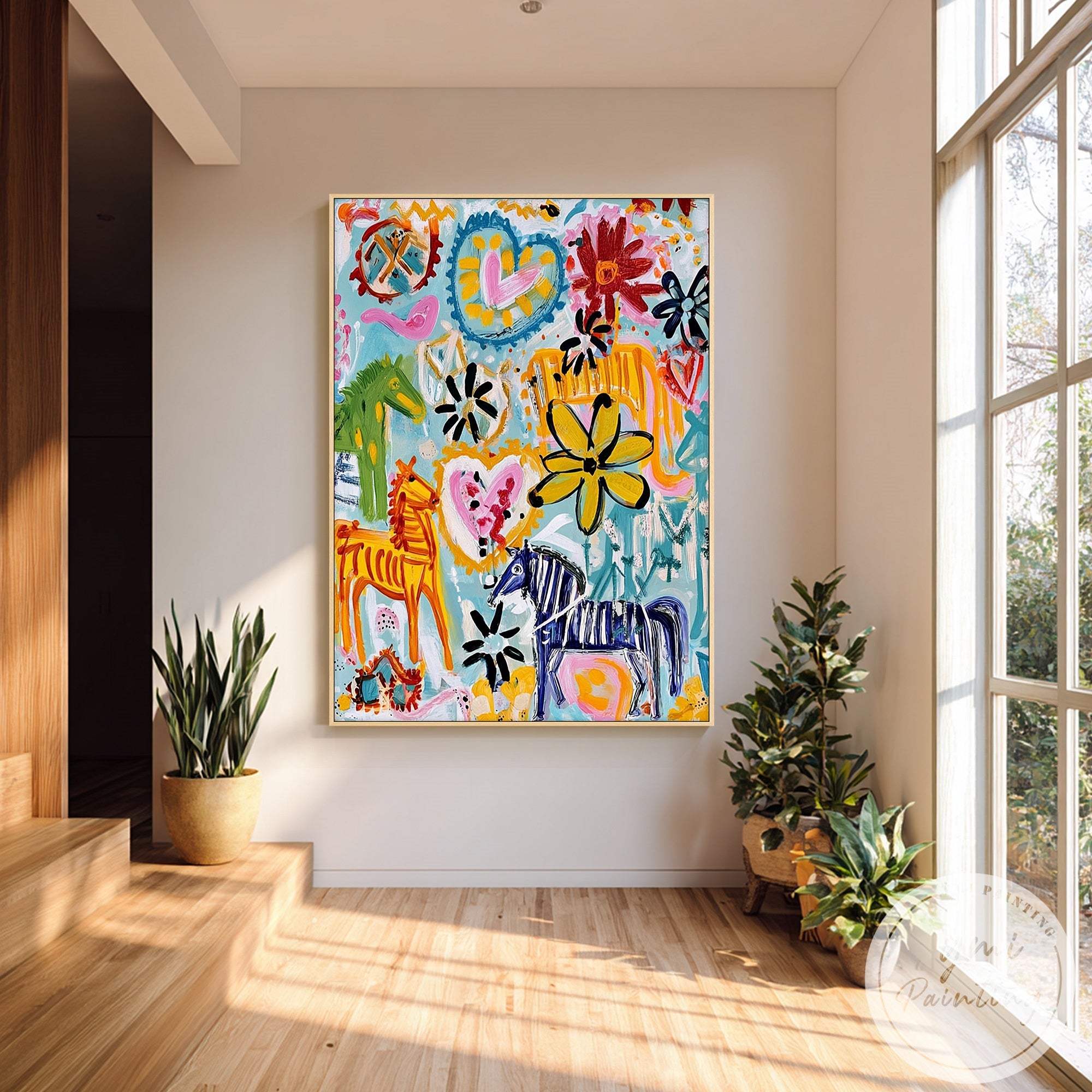 Colorful and dynamic abstract artwork with floral and horse motifs