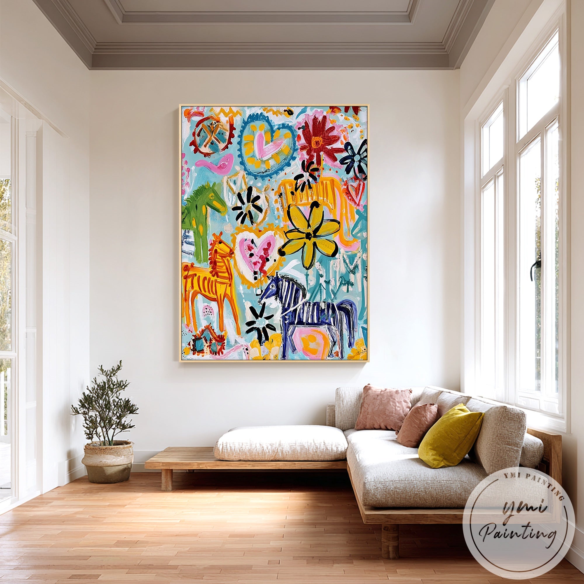 Whimsical painting featuring vibrant horses and flowers