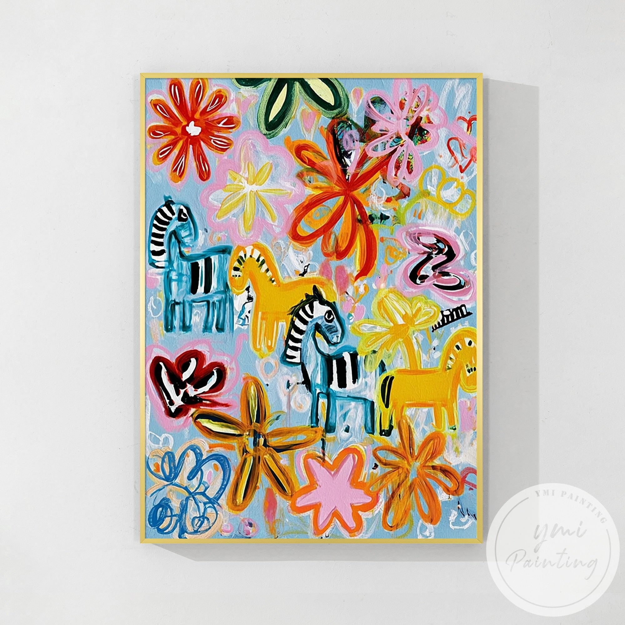 Abstract artwork featuring horses and colorful flowers