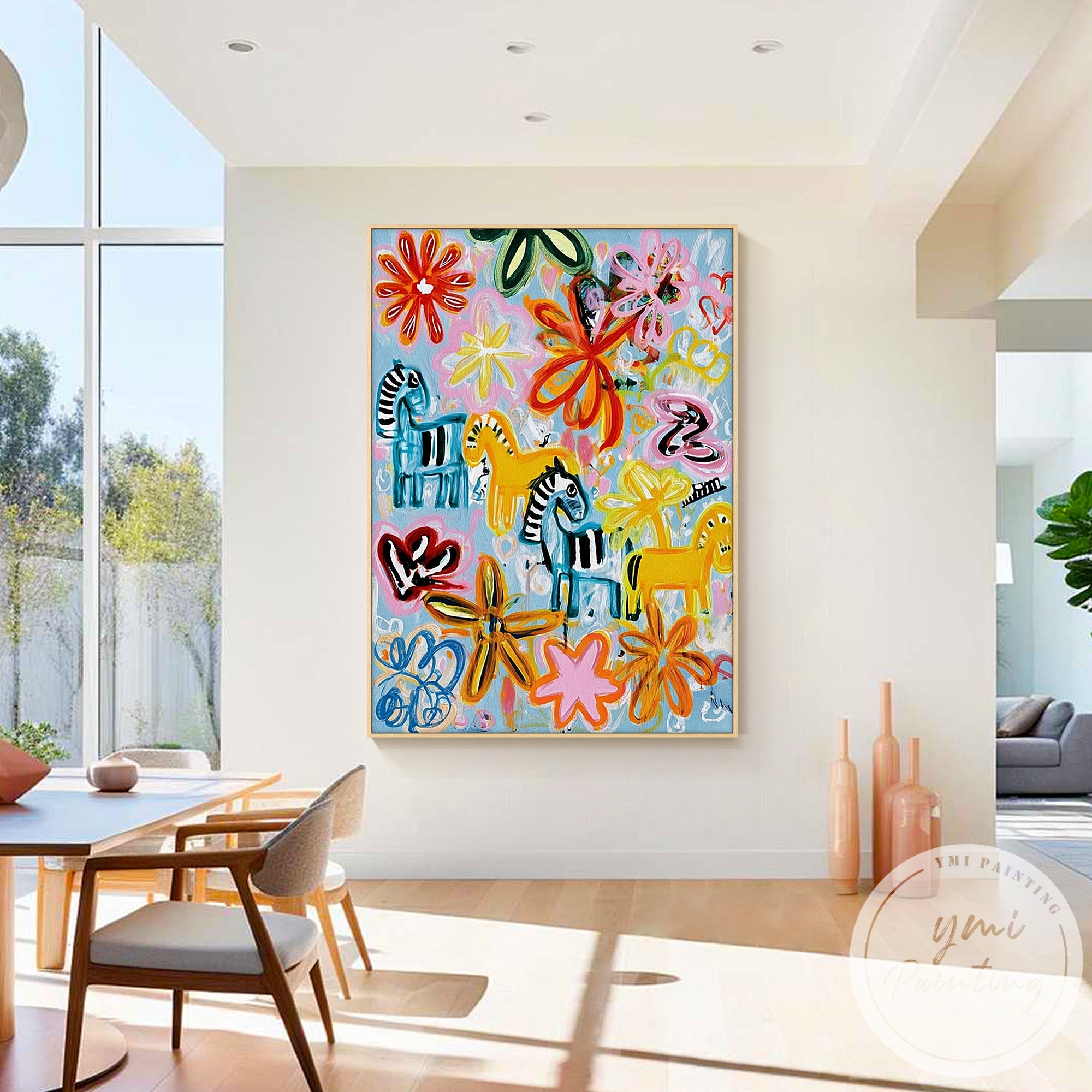 Colorful and lively abstract painting of horses and blooms