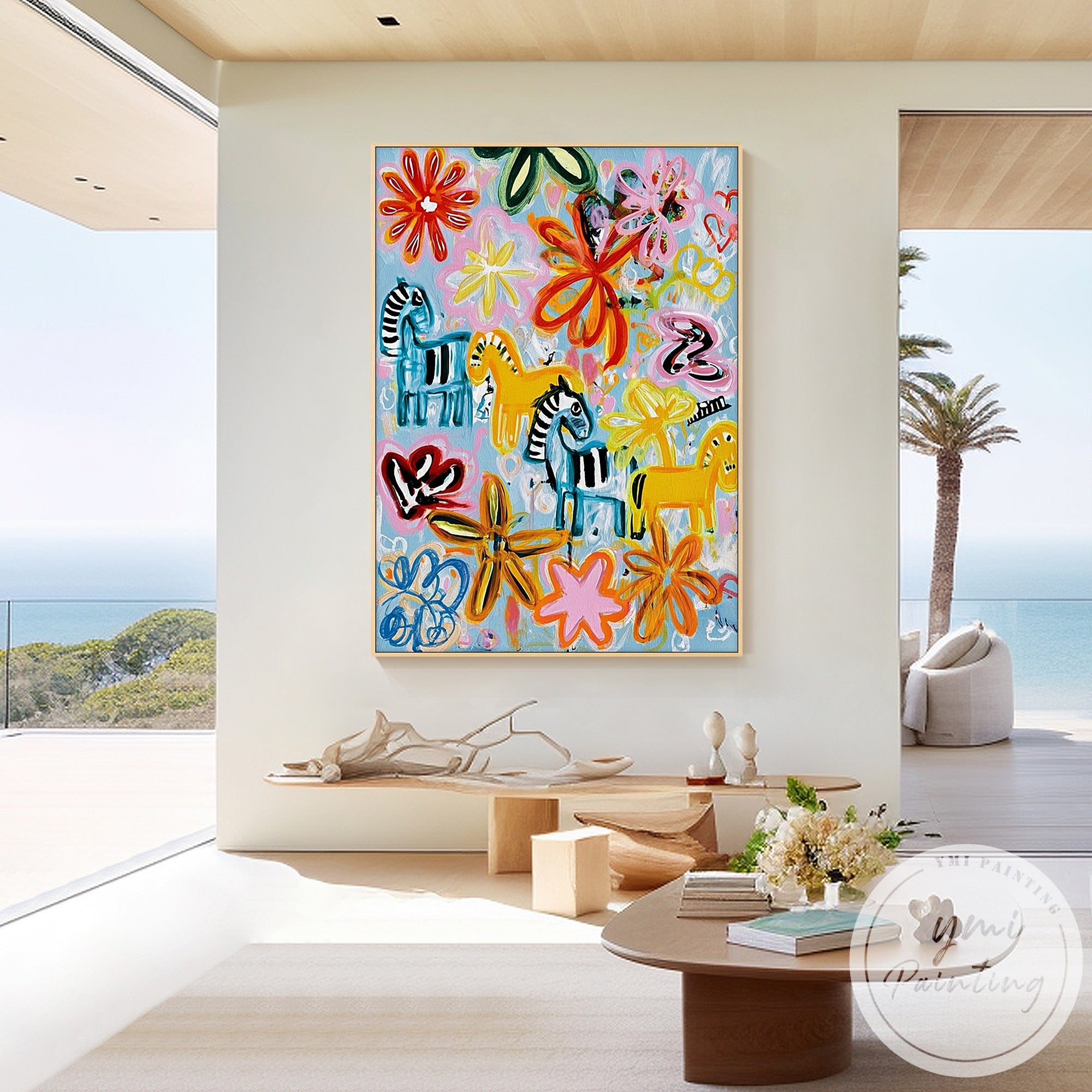 Whimsical zebras and vibrant floral artwork on canvas
