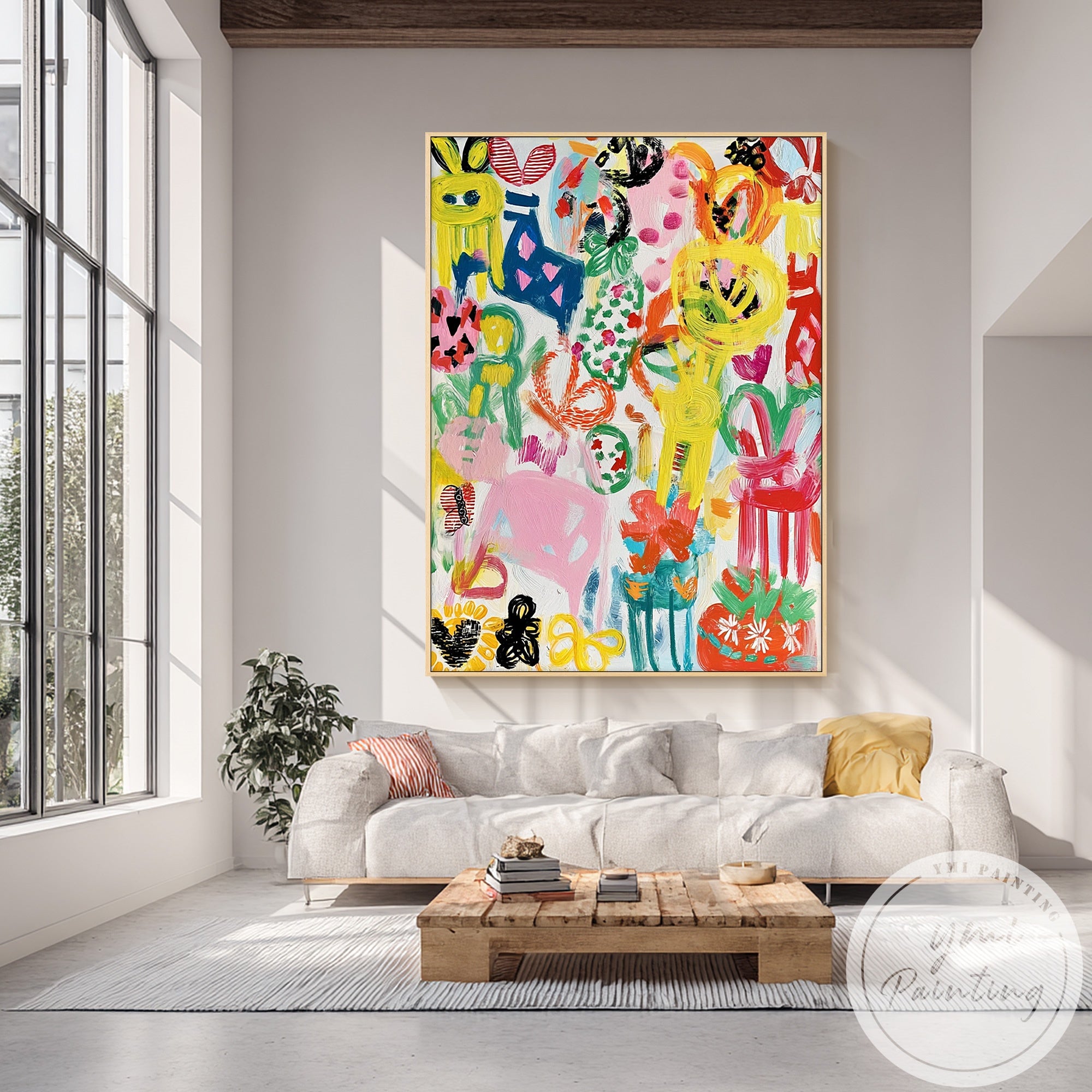 Bright and bold abstract wall art with dynamic brushstrokes