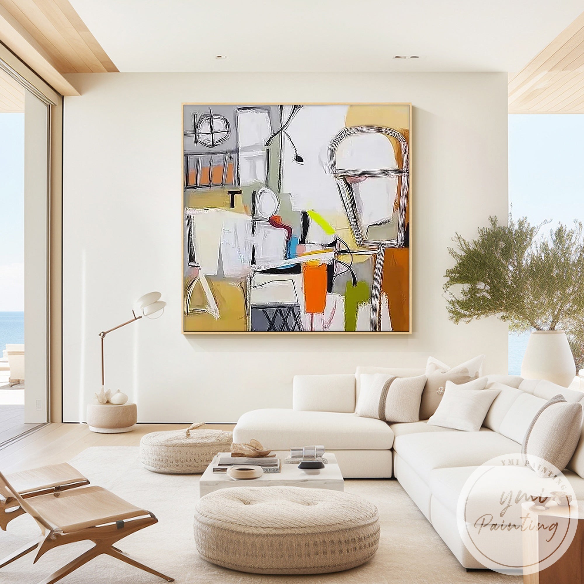 Hand-painted modern geometric canvas in bold tones