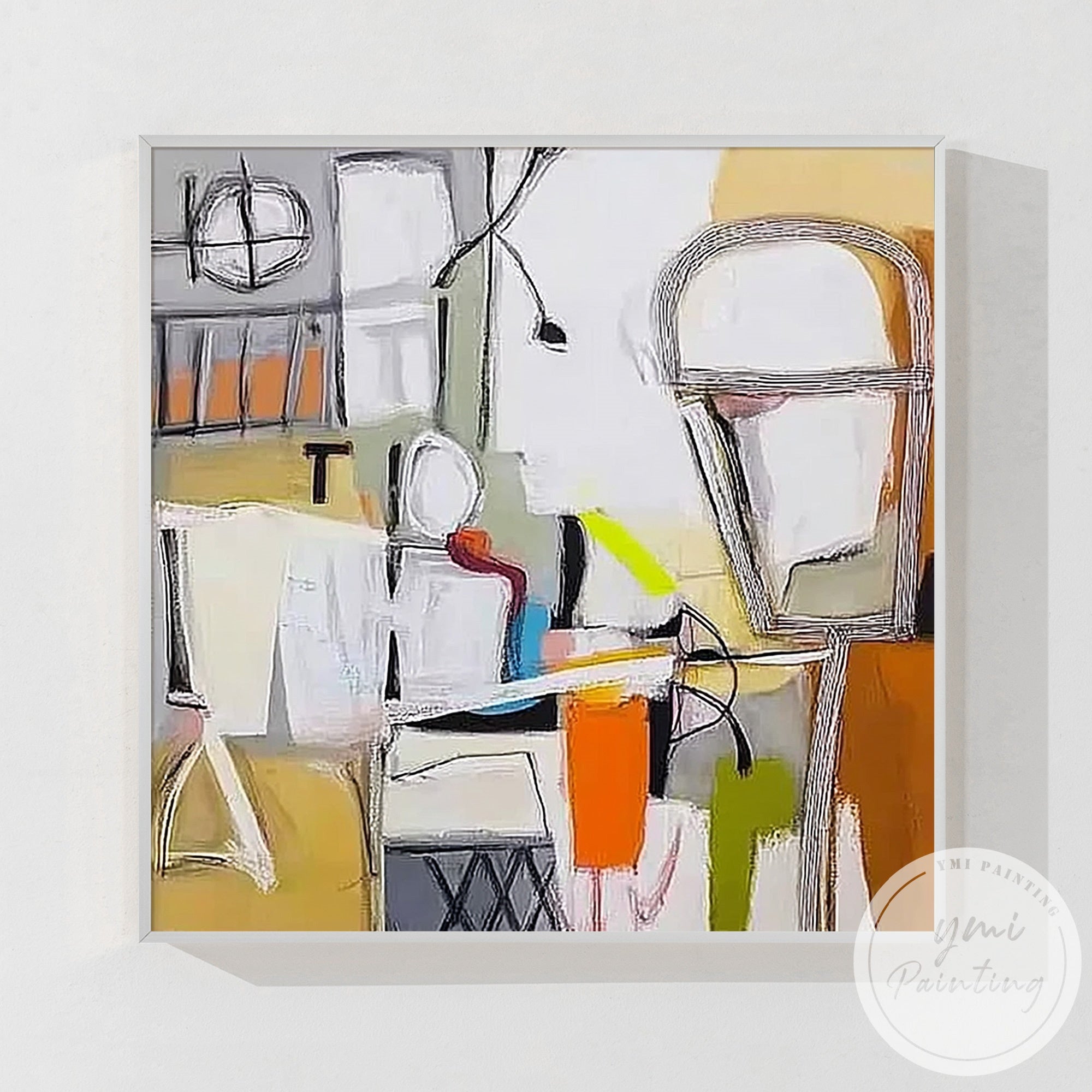 Geometric abstract painting with bright orange and yellow tones