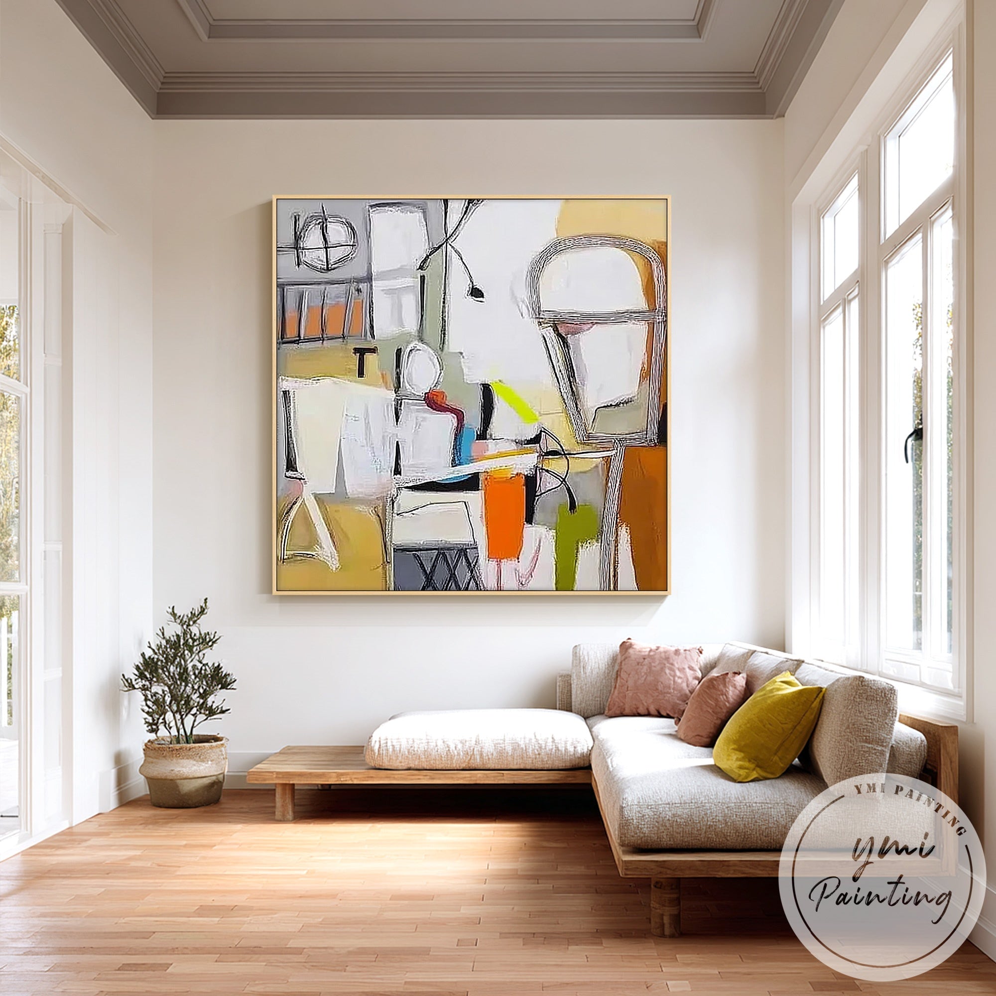 Geometric design featuring yellow, grey, and orange elements