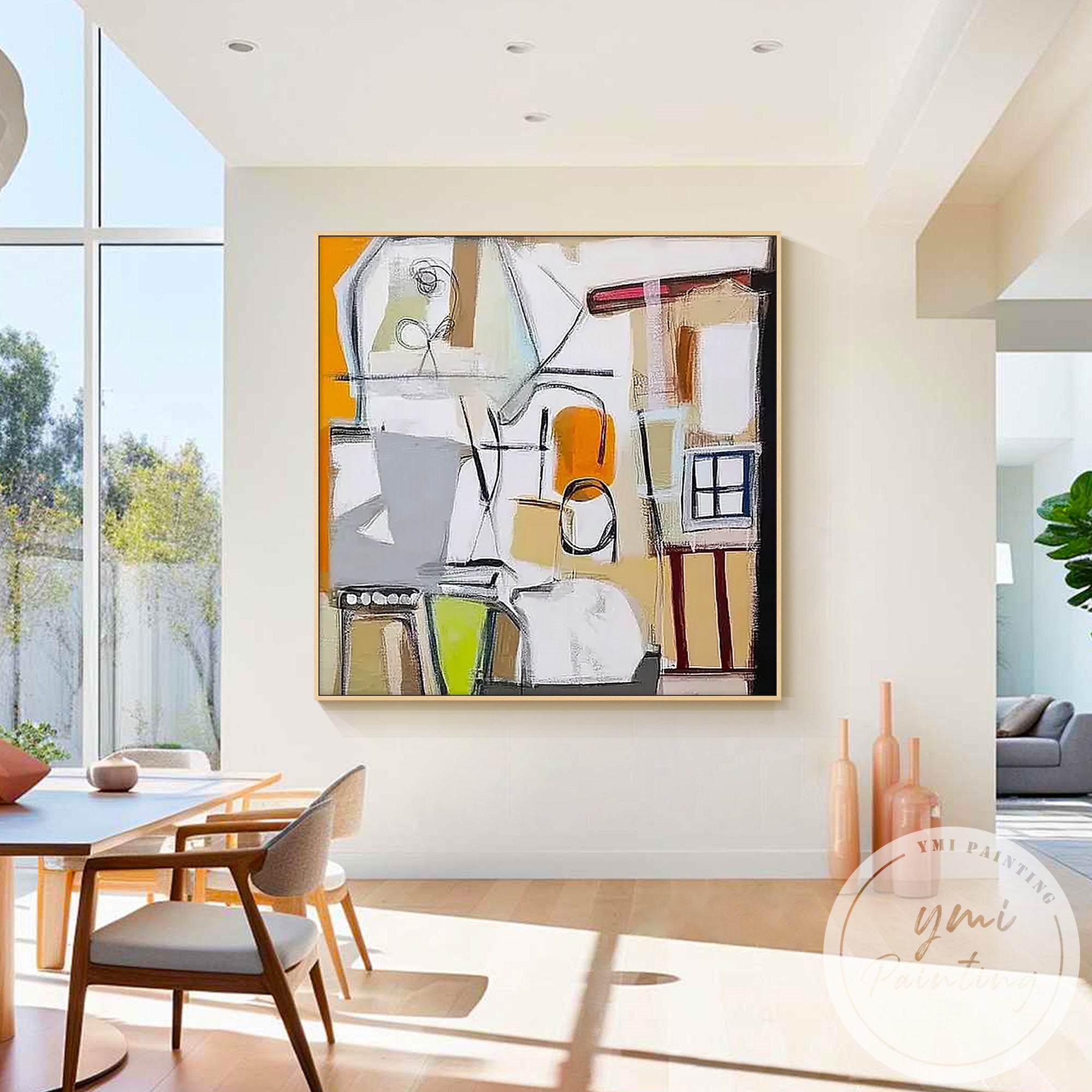 Abstract art with geometric patterns in orange and grey
