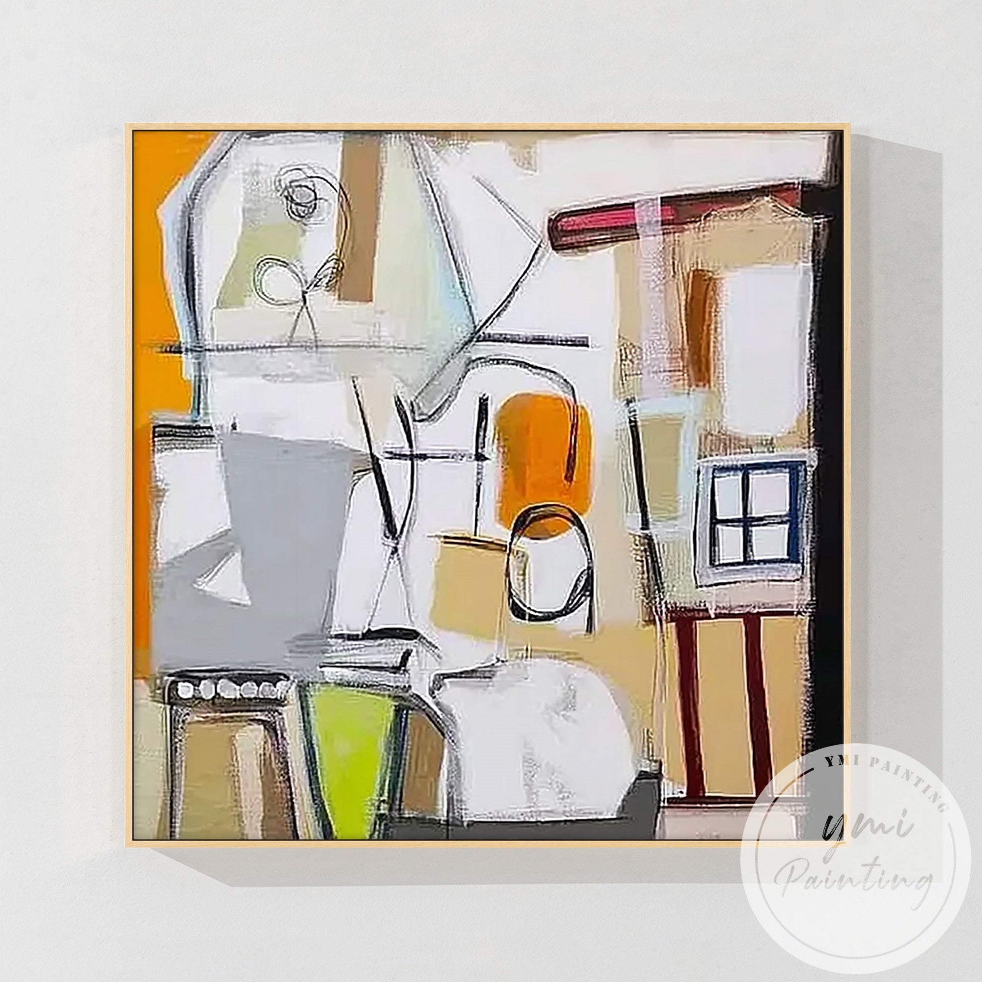 Abstract painting with geometric shapes in vibrant orange and grey