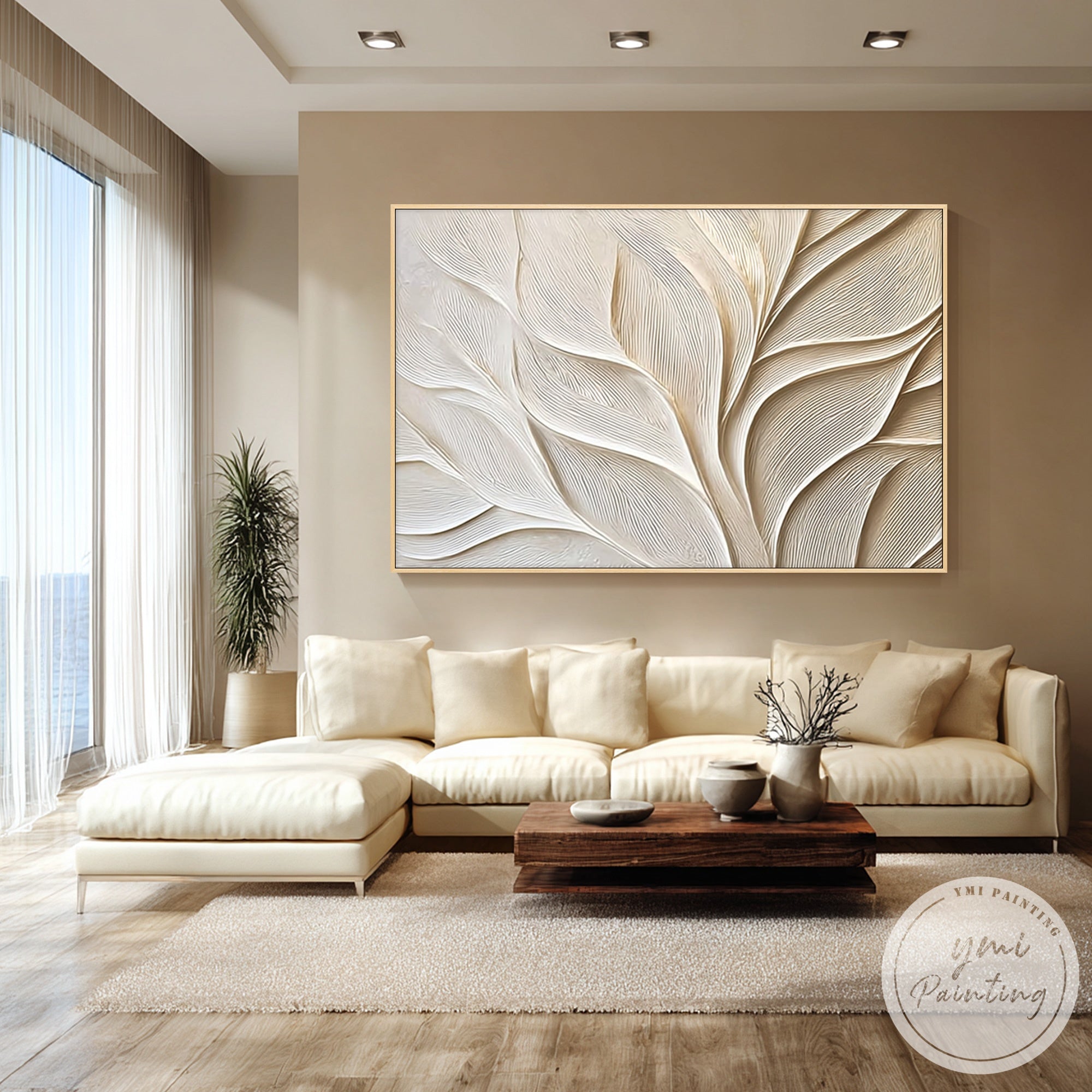 abstract botanical canvas textured beige artwork