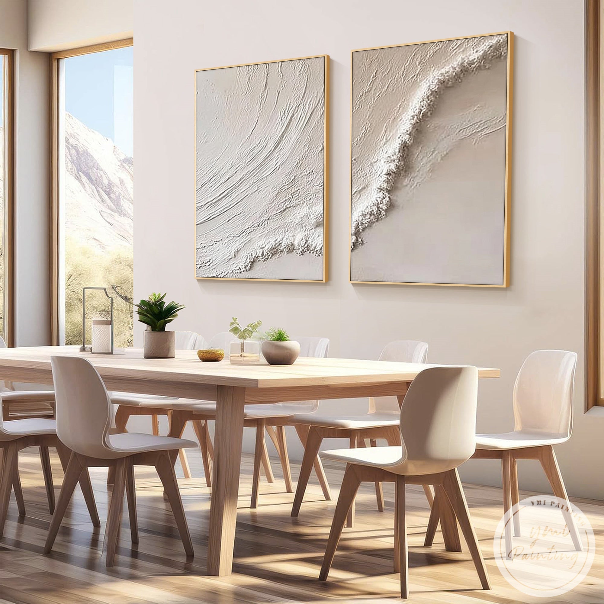 modern neutral diptych painting layered texture detail